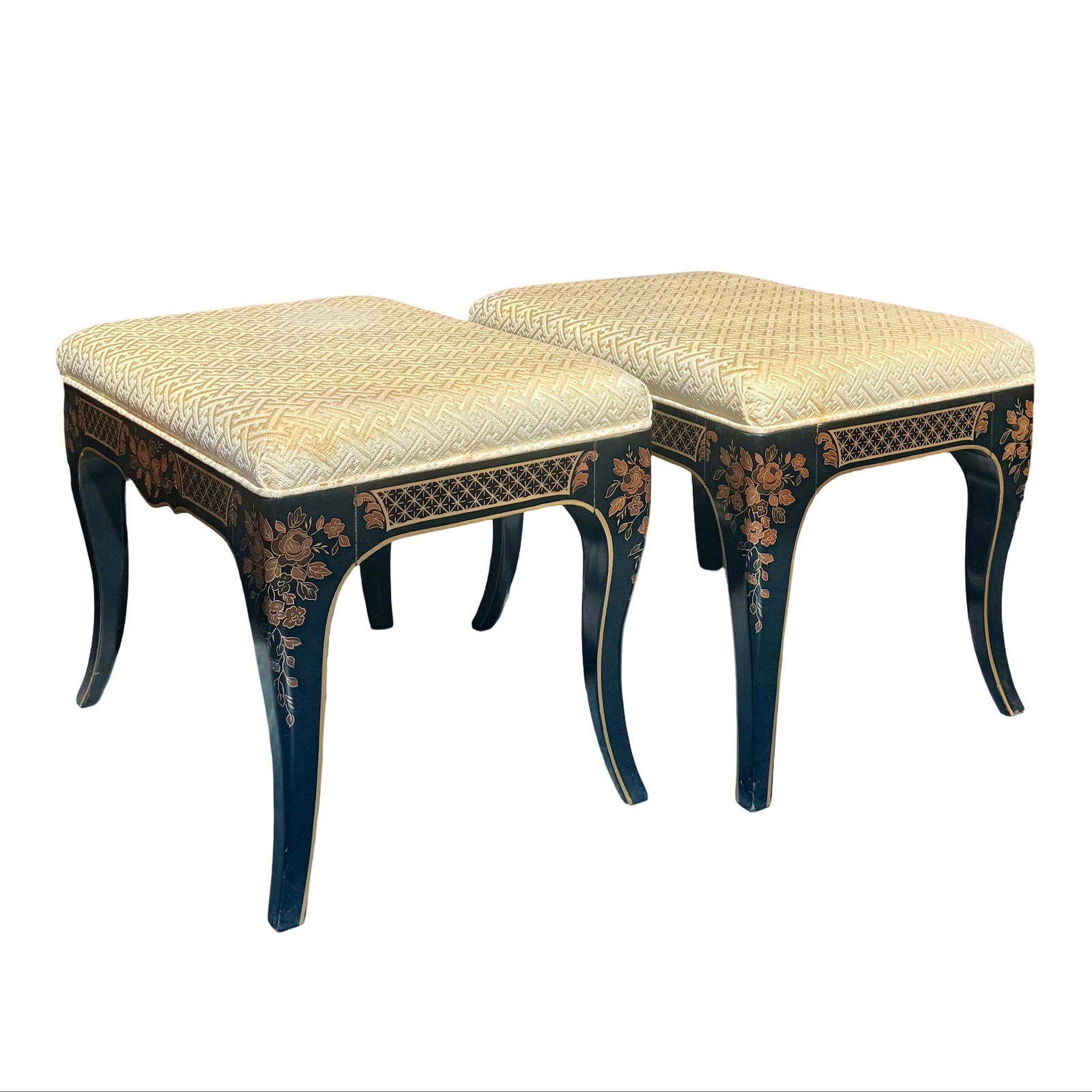 Drexel Et Cetera Lacquer Stools, Pair: Drexel Et Cetera Lacquer Stools, Pair Matching pair of vintage upholstered accent stools from the Et Cetera collection by Drexel Heritage. Each stools black lacquer frame is decorated with a