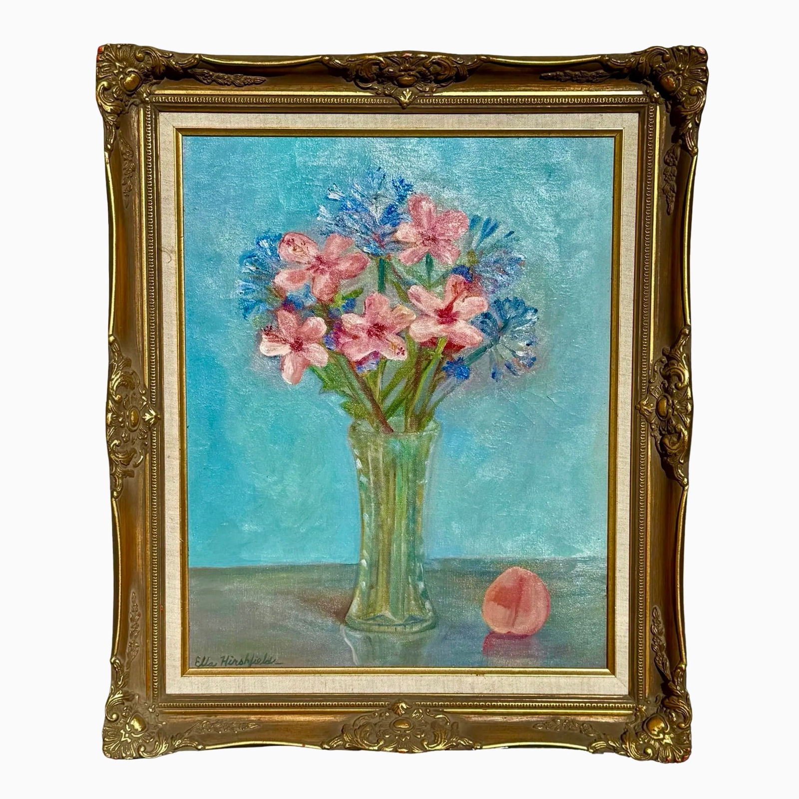 E. Hirshfield Floral Still Life Painting: E. Hirshfield Floral Still Life Painting Vintage mid-century impressionist still-life oil painting by Ella Hirshfield of pink and blue flowers arranged in a glass vase, set against a bold turquoise