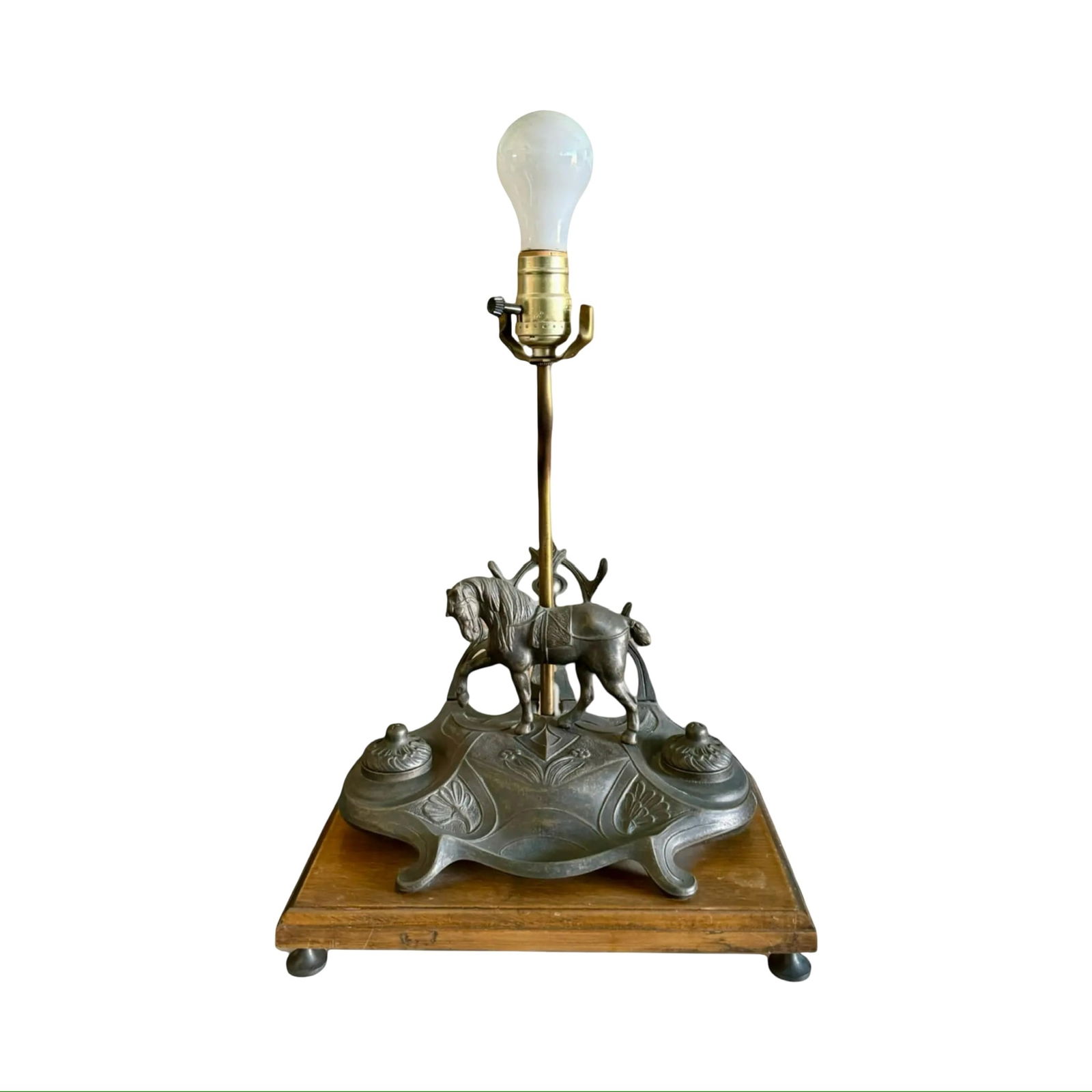Equestrian Bronze Inkwell Lamp: Equestrian Bronze Inkwell Lamp Antique equestrian table lamp featuring two integrated inkwells, each adorned with a fitted bronze lid. Dimensions: 11?W × 7?D × 20?L