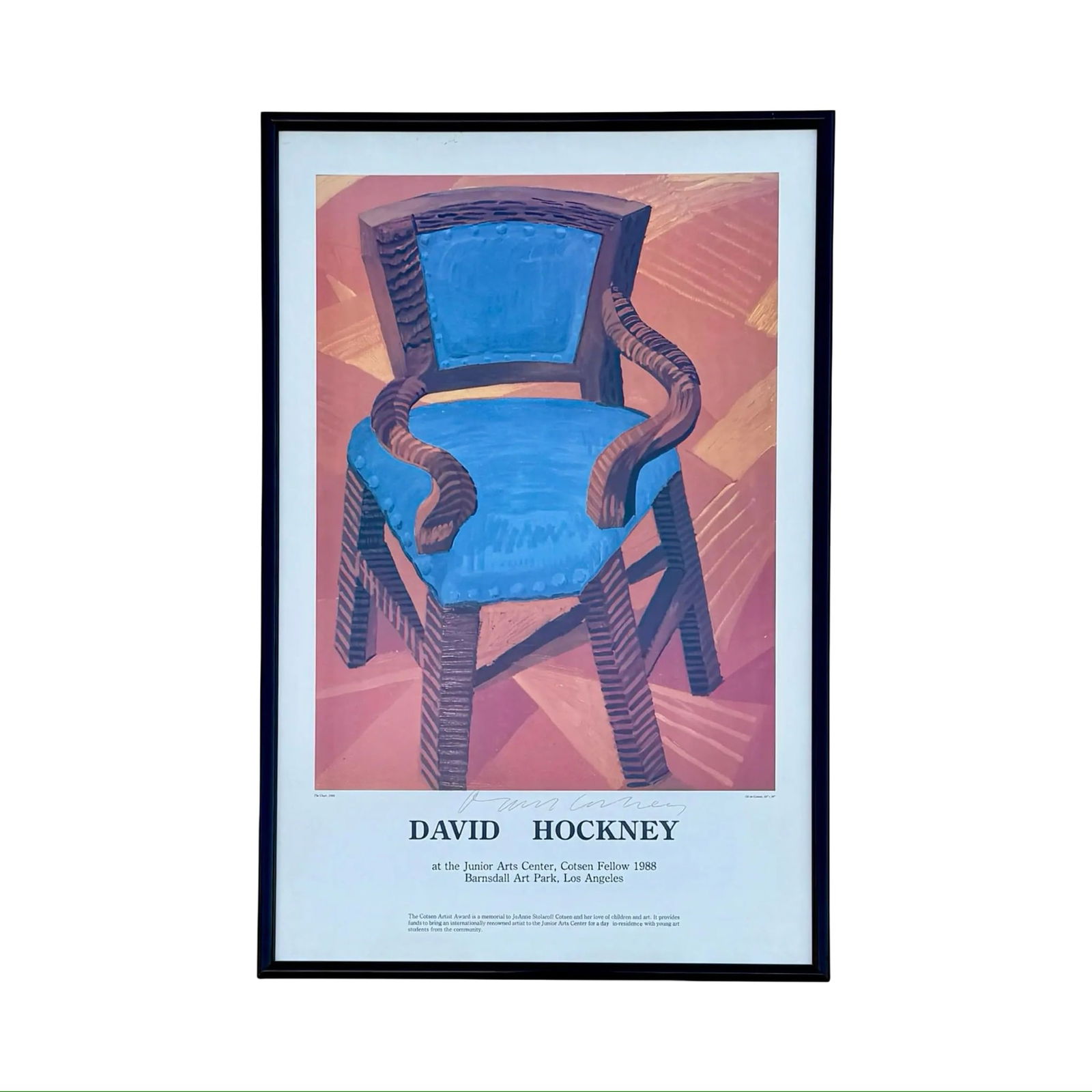 Hockney Print “The Chair??, SIgned: Hockney Print “The Chair”, SIgned Vintage 1988 exhibition print of “The Chair” by British artist David Hockney, created for a special exhibition at the Junior Arts Center in