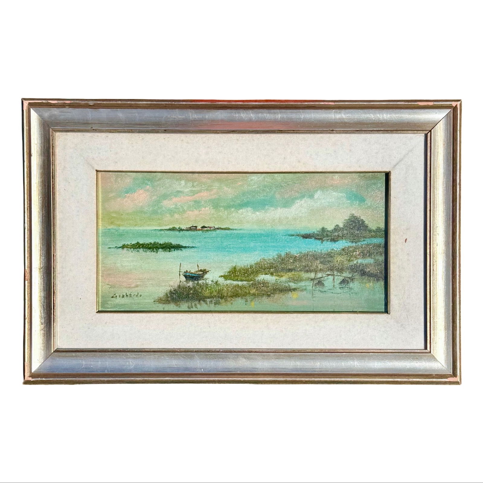 M. Giabardo Coastal Oil Painting: M. Giabardo Coastal Oil Painting Framed Italian coastal landscape painting attributed to the Italian artist, Mario Giabardo. Dimensions: 23?W × 1.5?D × 15?H