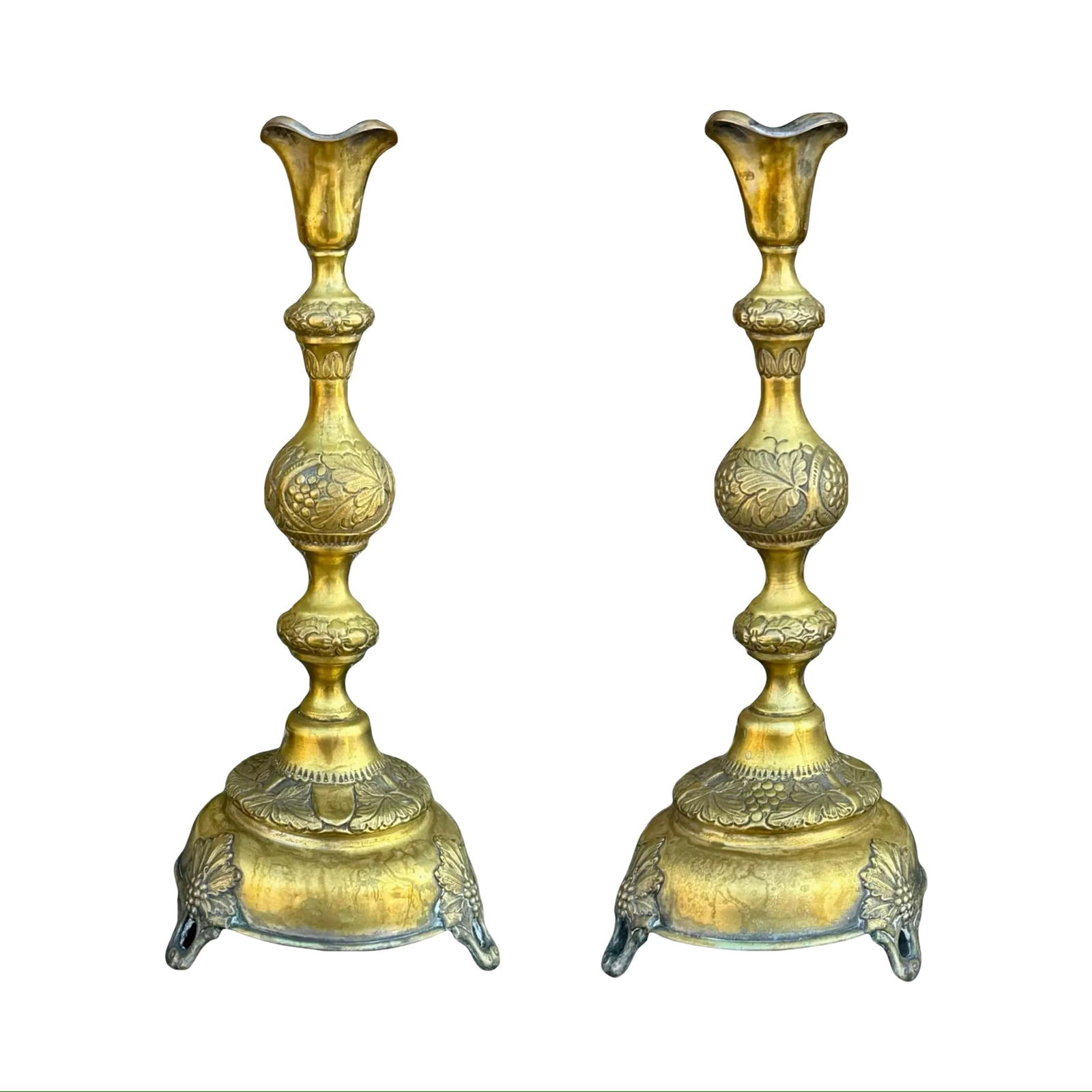 Polish Brass Grapevine Candle Holders: Polish Brass Grapevine Candle Holders Pair of antique Polish brass footed candlestick holders decorated with detailed grapevine and leaf motifs. Dimensions: 5?W × 5?D × 14?H