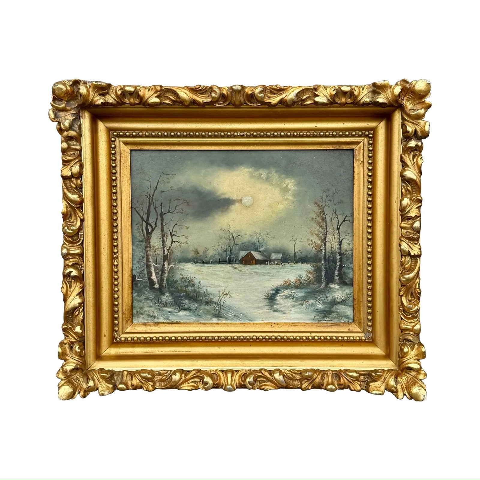 R. Martin Moonlit Landscape O/C: R. Martin Moonlit Landscape O/C Original oil painting signed by the artist, Ruth Martin of a winter landscape under moonlight, set in a giltwood frame. Dimensions: 20?W × 3?D × 17?H