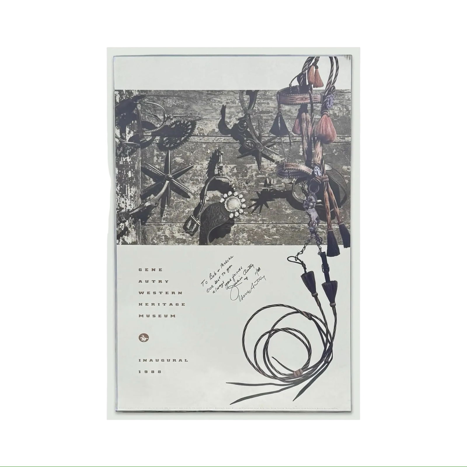 Signed Gene Autry Museum Poster: Signed Gene Autry Museum Poster Large framed 1988 Gene Autry Western Heritage Museum inaugural poster with handwritten dedication signed by Gene Autry, displayed in a custom acrylic frame with additio