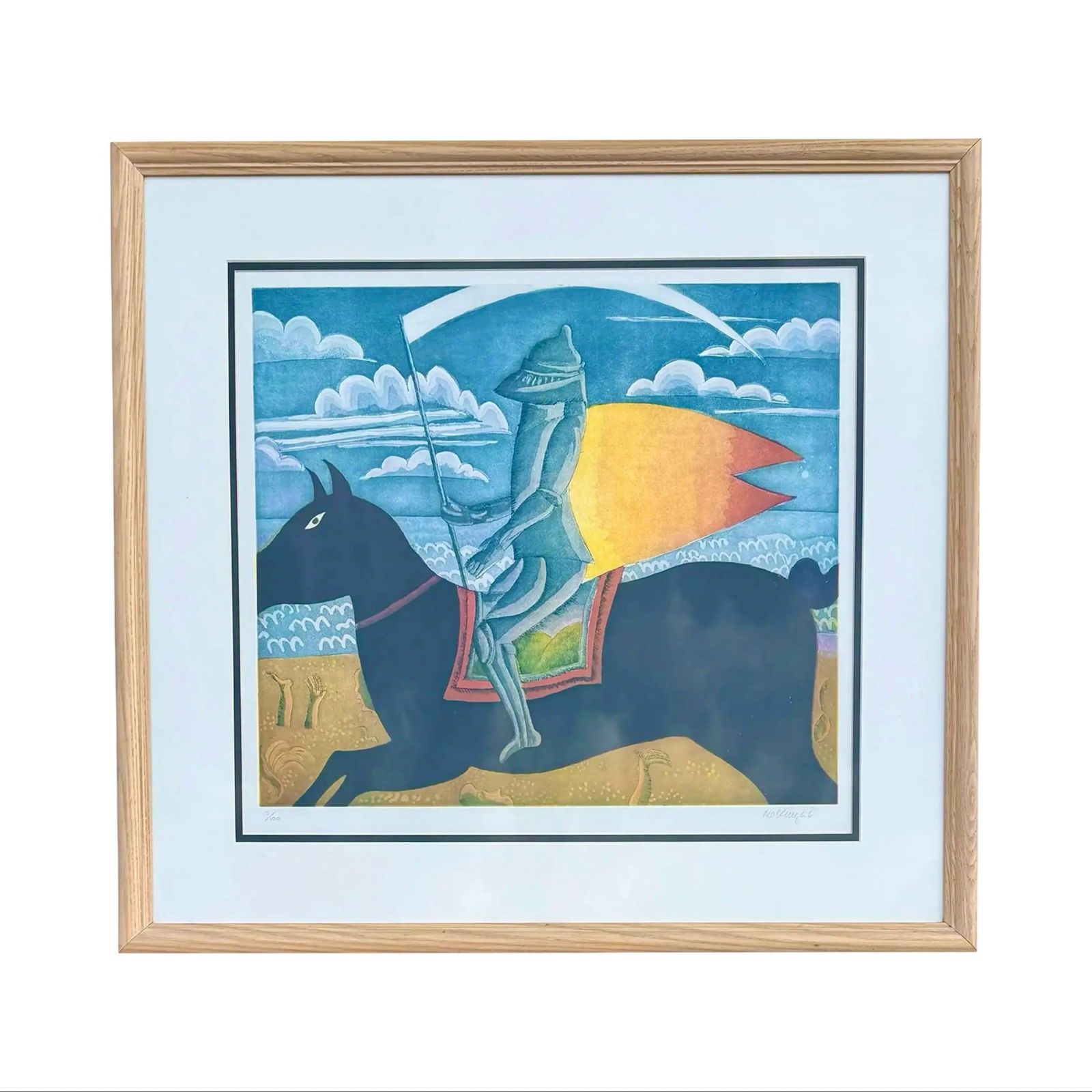 T. McKnight “Knight?? Serigraph: T. McKnight “Knight” Serigraph Original vintage framed etching with aquatint titled "Knight" by the artist Thomas McKnight, created in 1980. Limited edition, signed and numbered 2/100 in penci