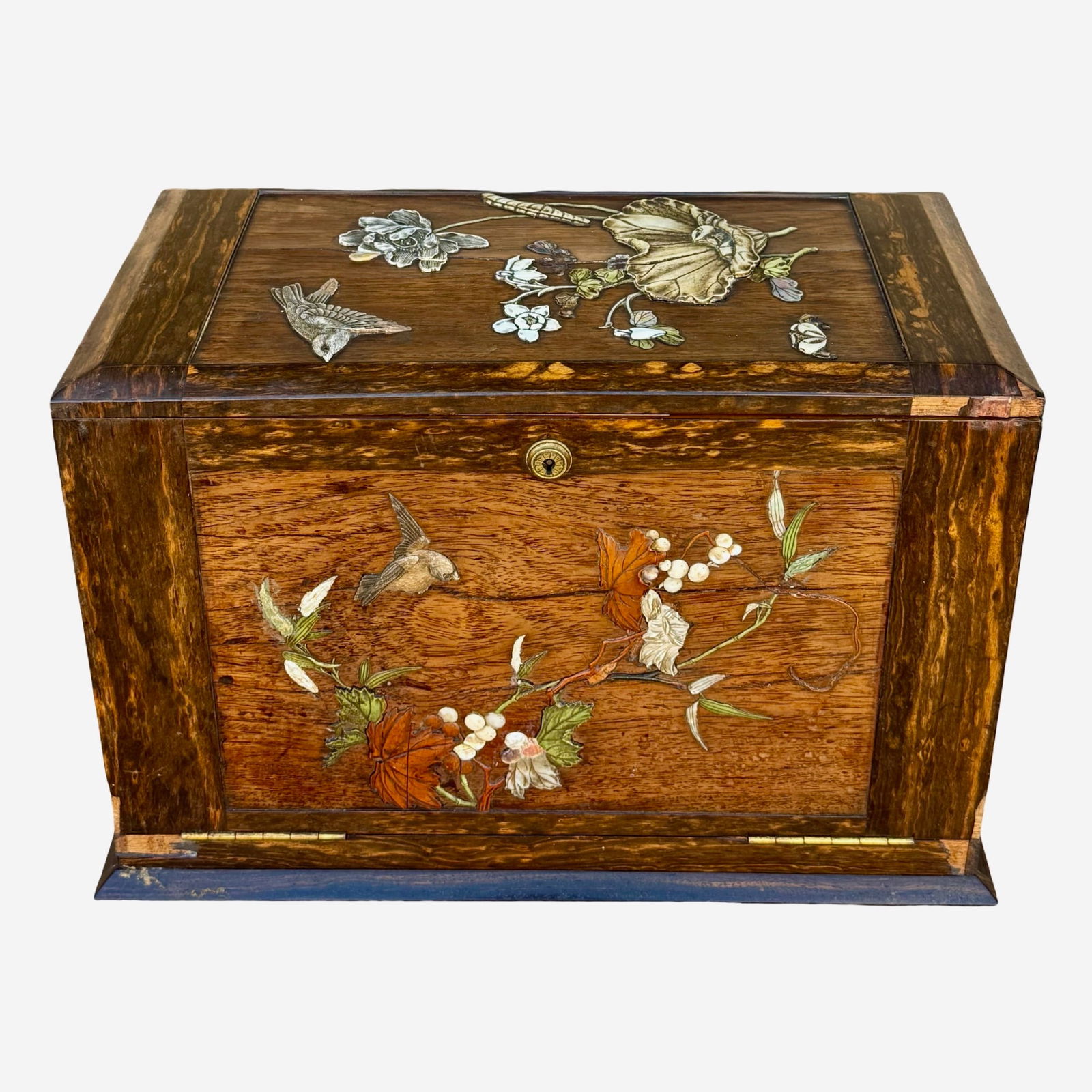 Elkington Japanese Bramah Box: Antique portable writing compendium lap desk box by Elkington Silversmiths with Japanese Shibayama style mixed material inlaid decoration featuring bird, floral and nautical motifs. Made from exotic w
