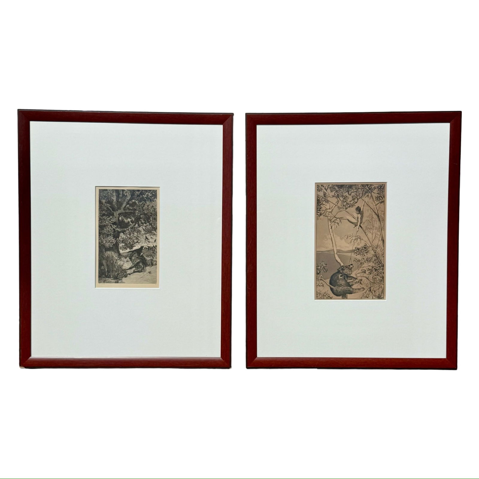 Max Klinger Intermezzi Etchings Pair: Pair of 1881 Max Klinger etchings from the Intermezzi Opus IV portfolio depicting scenes from Simplicius Simplicissimus. German Symbolist etching and aquatint prints, framed under museum glass. Dimens