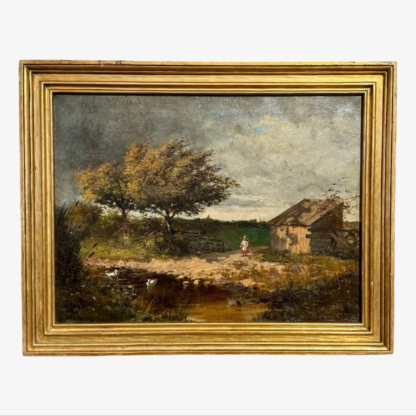 D Berea Barbizon Landscape Painting: Oil on canvas Barbizon style landscape painting titled Old Mill, attributed to Romanian artist Dimitrie Berea. The artwork is set in a giltwood frame. The title and artist is written on the back of th
