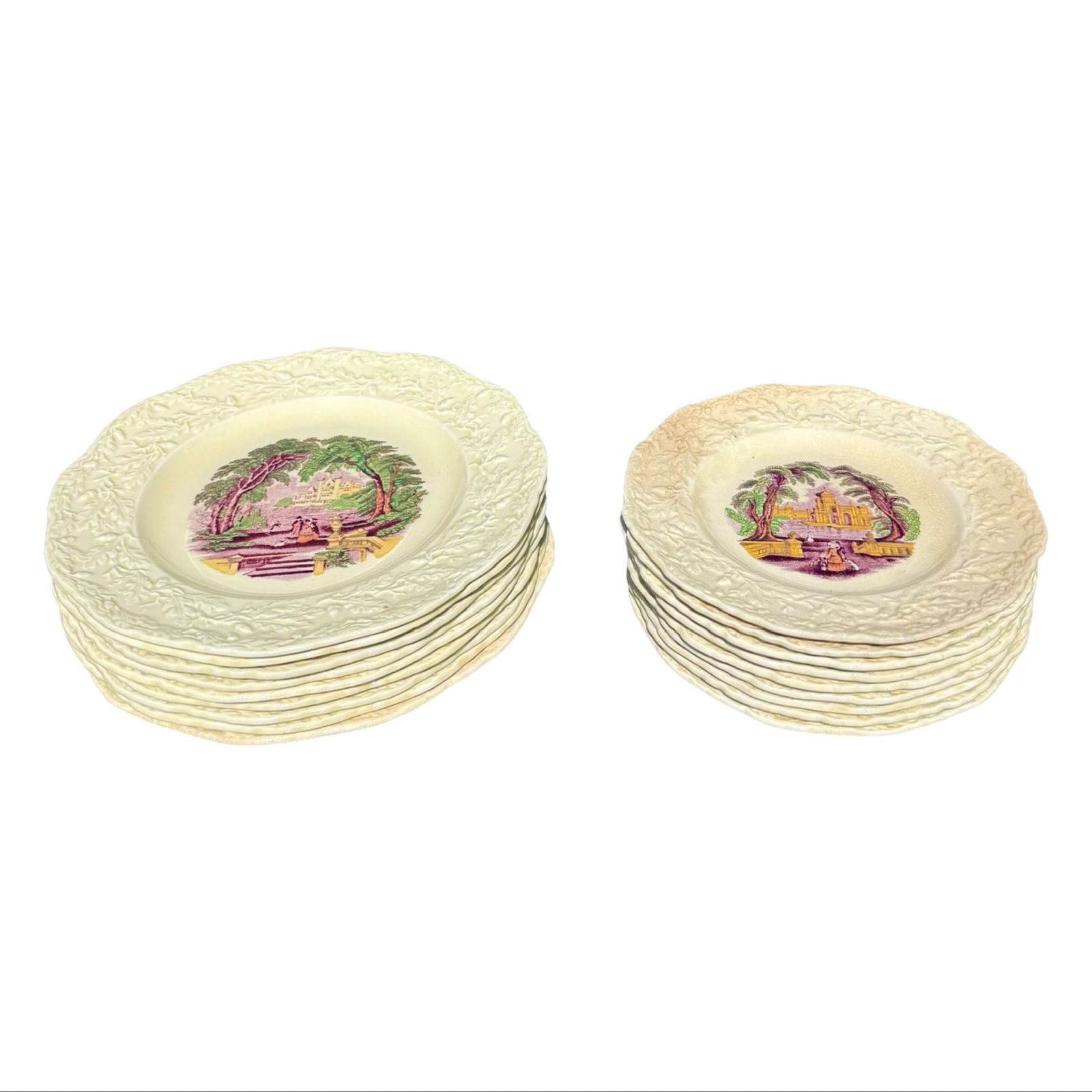 Mason's Ironstone Amberley Plates Set: Set of 18 Mason’s Ironstone plates in the Amberley Oak pattern with embossed oak leaf and acorn borders and scenic transferware centers. Antique English ironstone transferware plates. Set includes 9