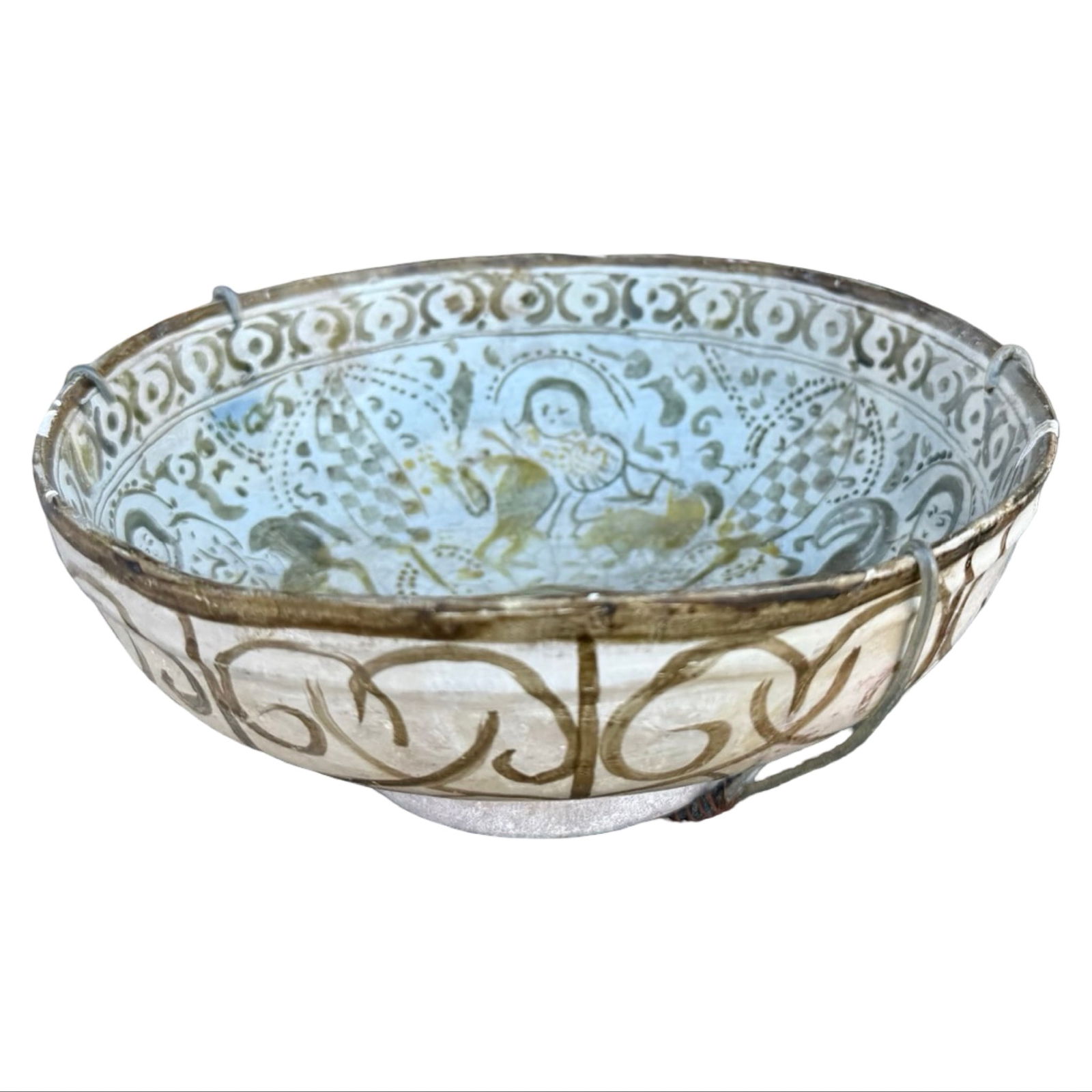 Persian Kashan Lustre Pottery Bowl: Persian Kashan style lustre decorated pottery bowl in the medieval Persian style. with figural and scrolling decoration, likely Middle Eastern. Dimensions: 3H x 7.5W x 7.5D inches