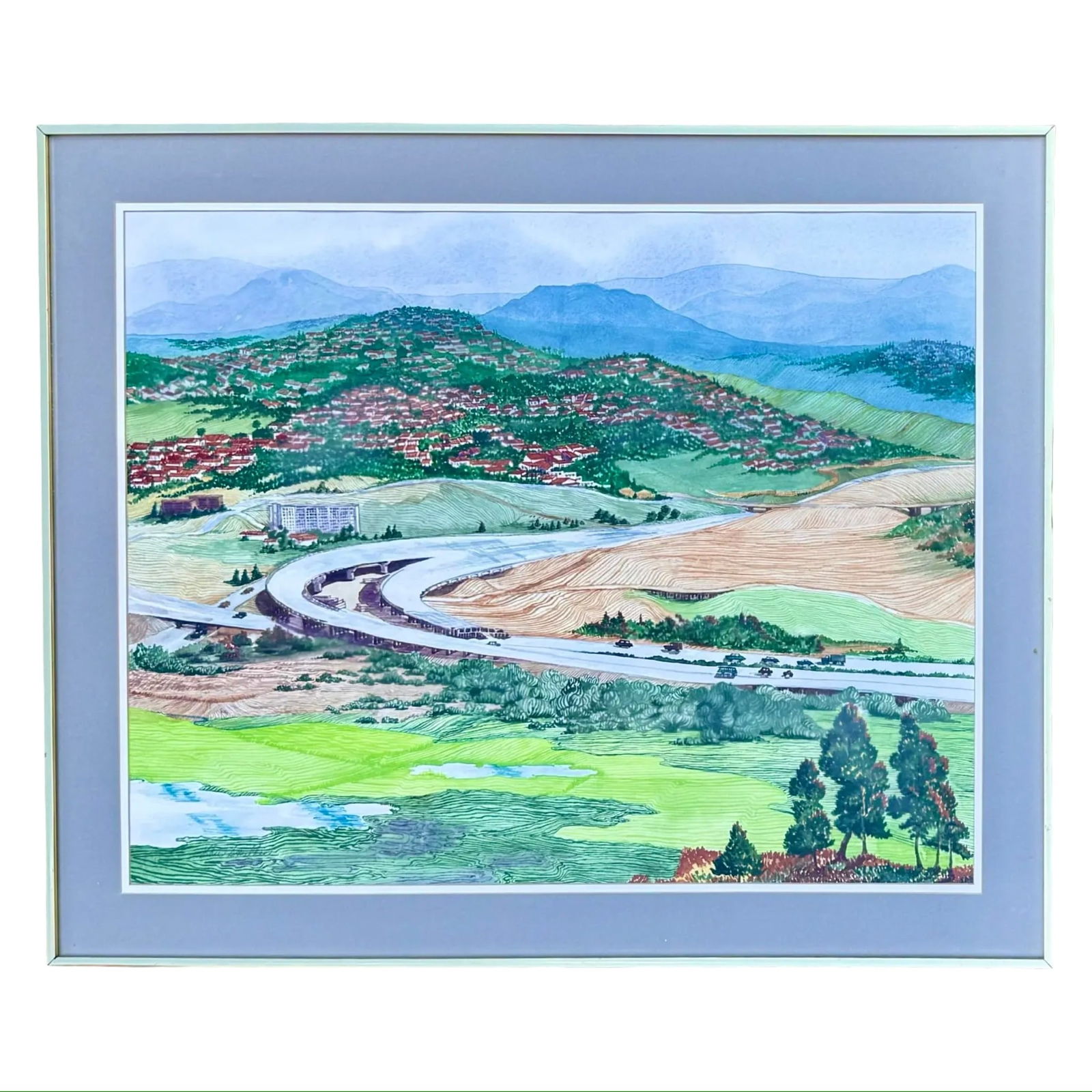Lou Smillie San Diego Watercolor: Large signed Lou Smillie watercolor “Freeway Construction, Carmel Valley,” depicting a 1990s San Diego aerial landscape, professionally matted and framed with exhibition history. Dimensions: 3