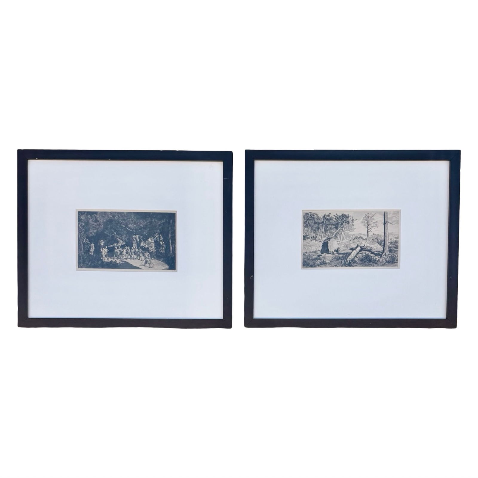 Max Klinger Intermezzi Etchings Pair: Pair of original 1881 Max Klinger etchings from the Intermezzi Opus IV portfolio including Fallen Rider and Bear and Elf. German Symbolist etching and aquatint prints, matted and framed under museum g