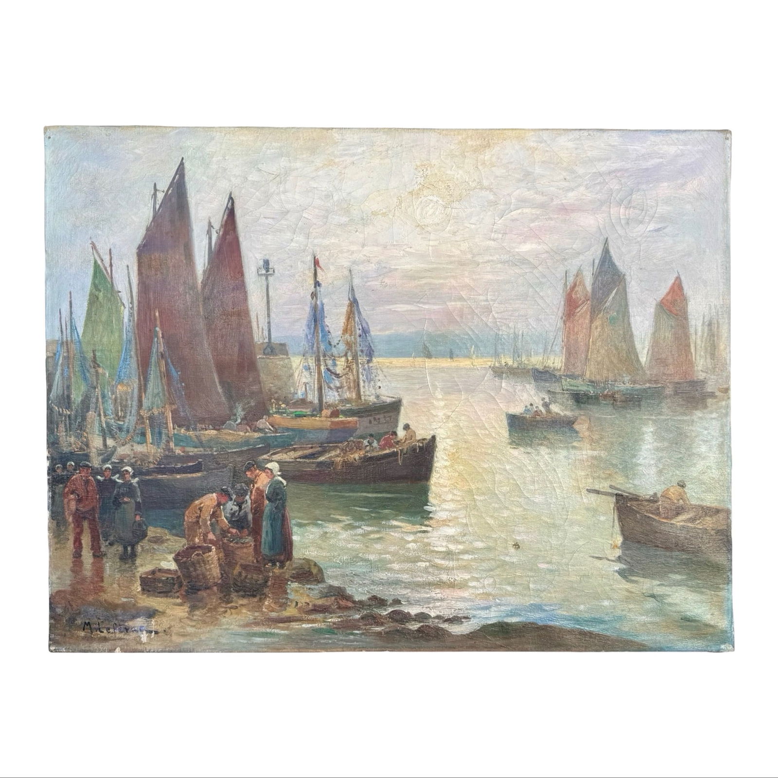 M. Lefevre French Seascape Painting: 19th century French coastal oil on canvas painting attributed to Marie Lefevre, depicting a Breton harbor at sunset. Signed on lower right. Dimensions: 19.75H x 26W x 1D inches