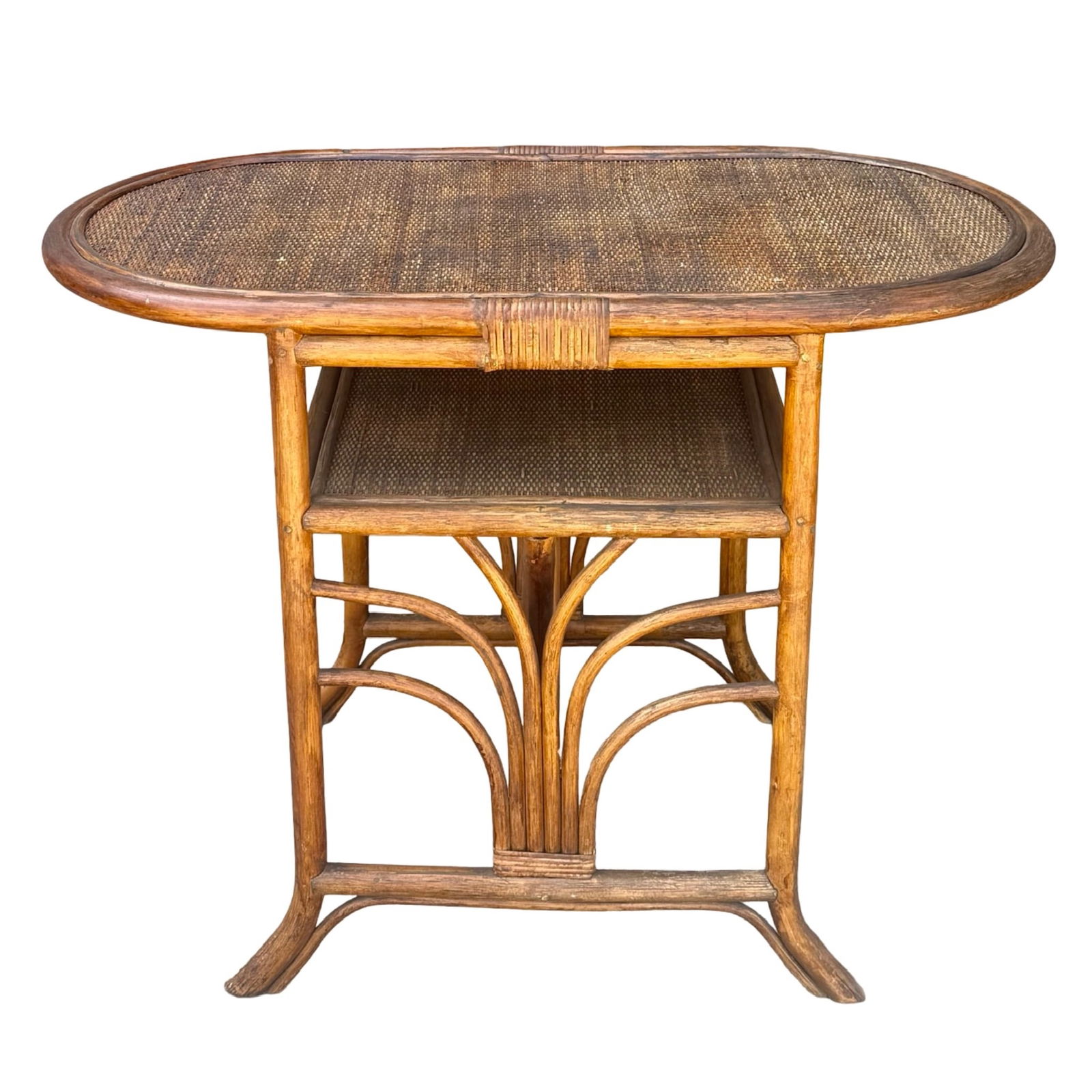Art Deco Palm Rattan Table: Features a flared, fan-like Palm decoration on the base, supporting an oval top. Dimensions: 29H x 38.5W x 20.5D inches