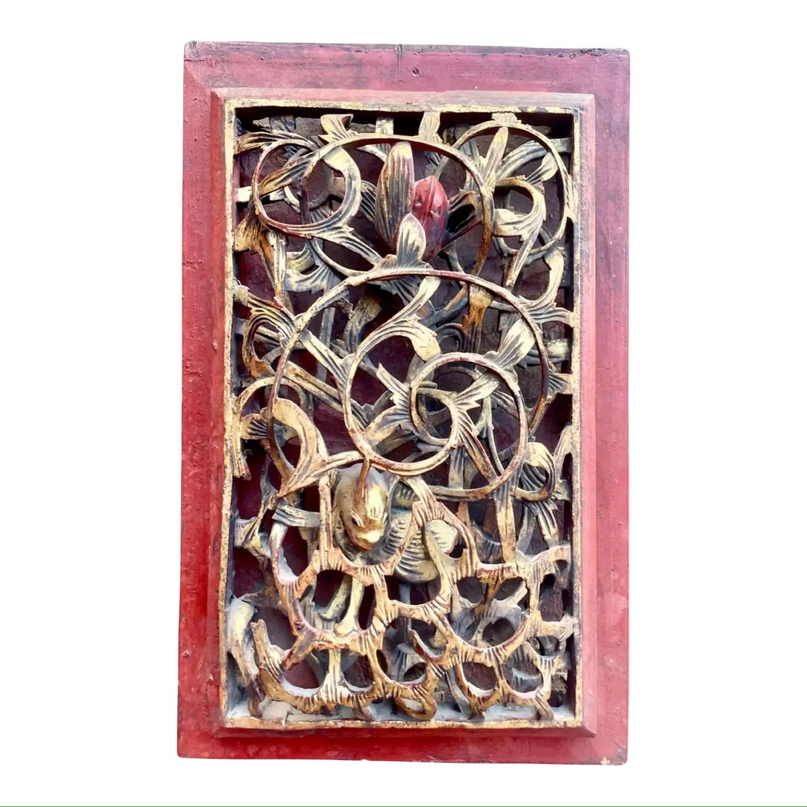 Chinese Chaozhou Carved Gilt Panel: Antique Chinese Chaozhou gilt wood carving with a hollow-carved panel, finished with red lacquer. Dimensions: 13H x 9W x 1D inches
