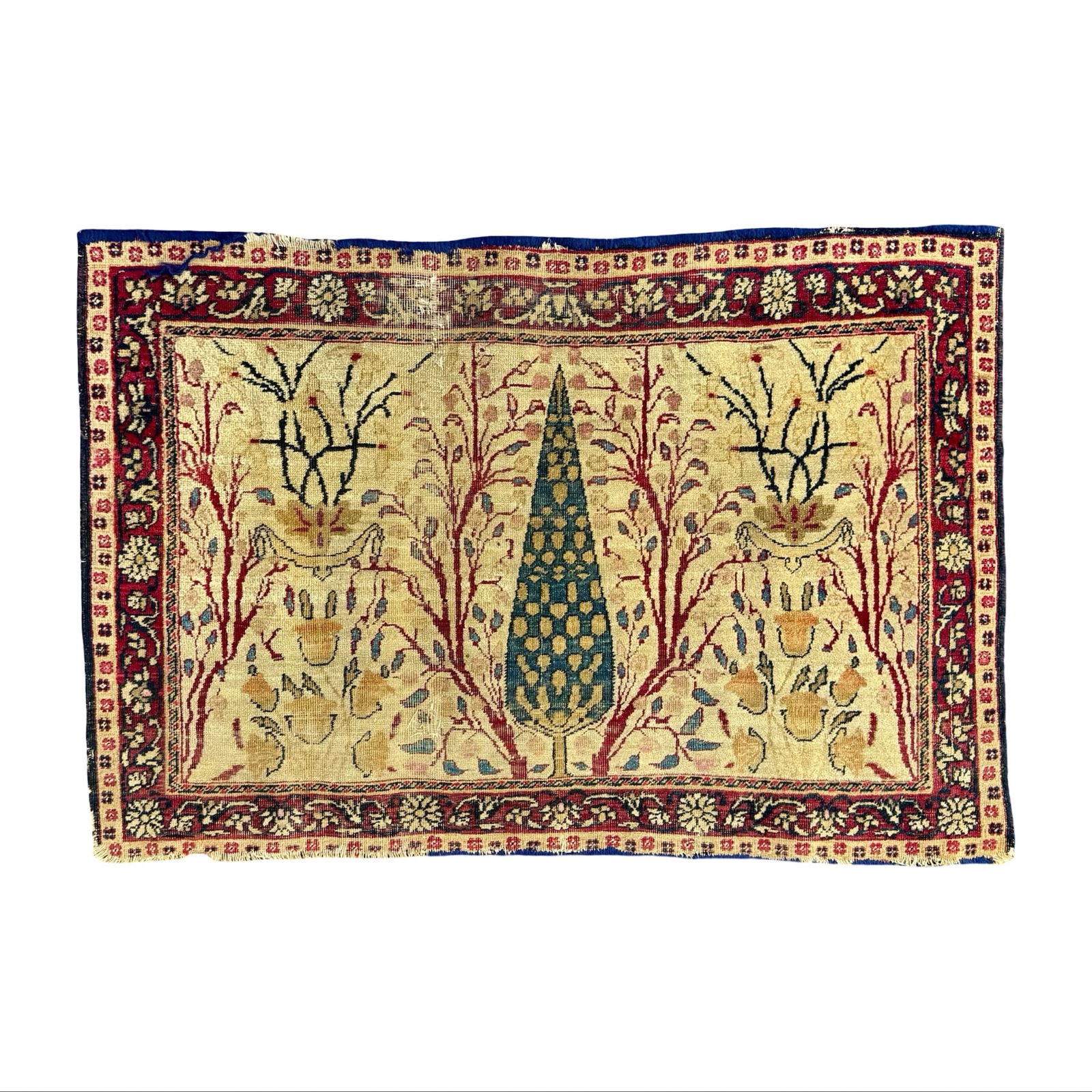 Antique Tree of Life Rug: Antique rug with Tree of Life design, featuring a central tree flanked by smaller botanical elements, all set within an floral border. Dimensions: 0.25H x 34.5W x 24.5D inches