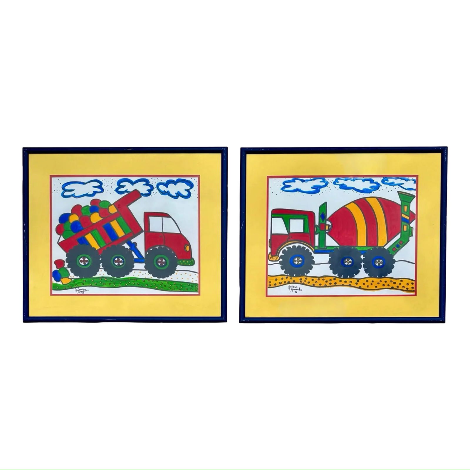 Armenta Folk Art Truck Paintings: Pair of 1998 framed paintings by Arlene Armenta, featuring colorful dump and cement mixer trucks in a playful folk art style. Signed, dated, and set in dark blue aluminum Alumaframe frames with