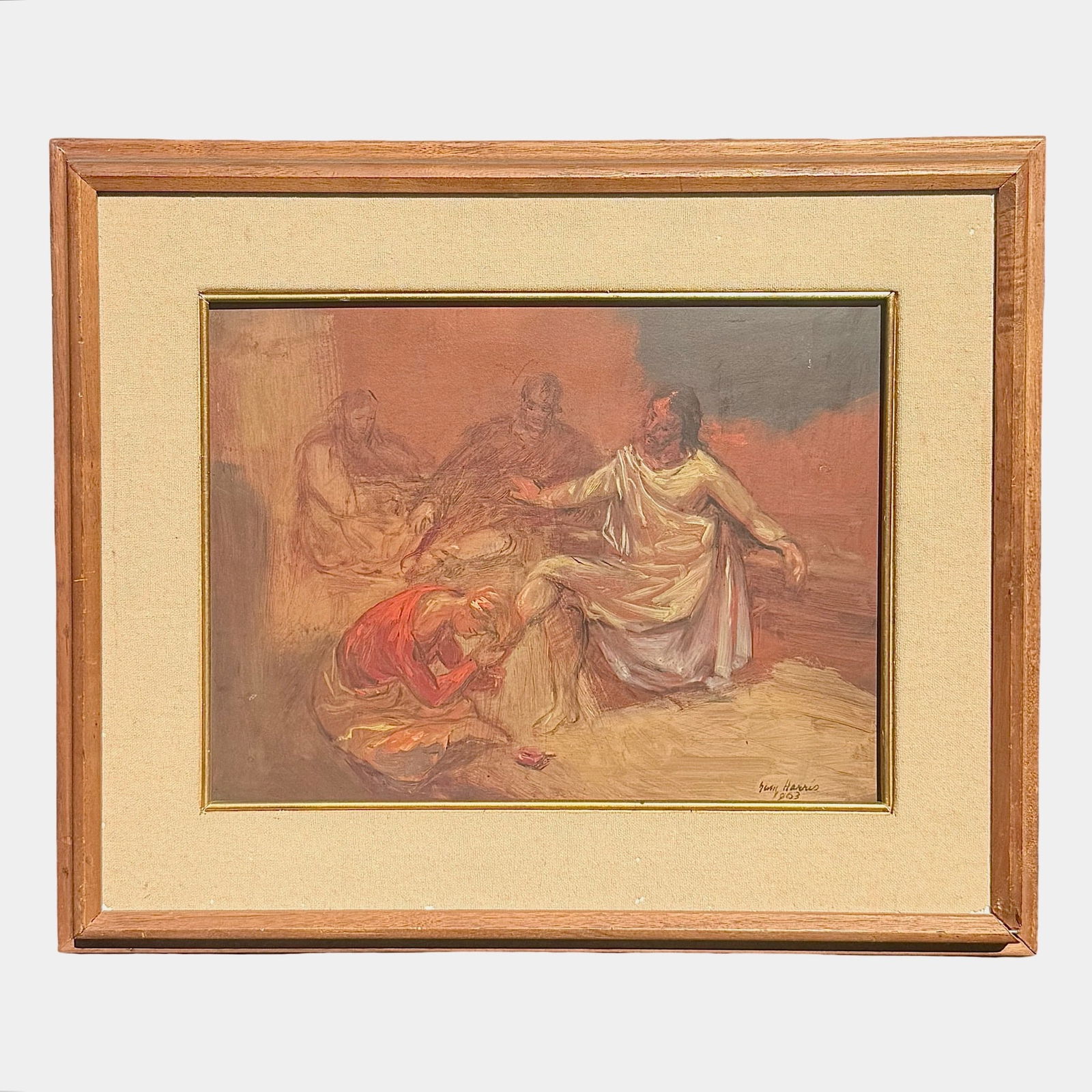 Sam Harris Biblical Painting: Oil on board painting of a biblical scene with Mary and Jesus by Sam Hugh Harris. Signed and dated, 1963, set in a wood frame. Dimensions: 13H x 23.25W x 2D inches