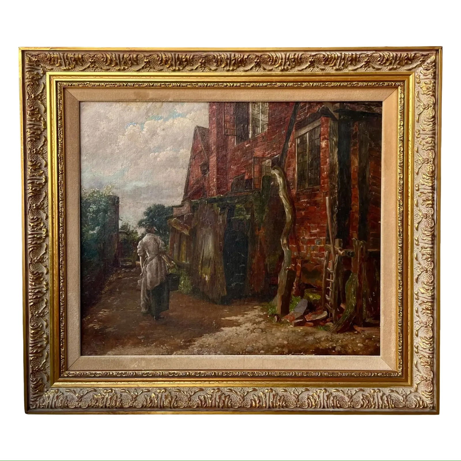Antique European Village Painting: European oil on canvas painting of a village scene, matted and set in a carved wood frame with gold gilt decoration. Dimensions: 15.75H x 18W x 1.25D inches