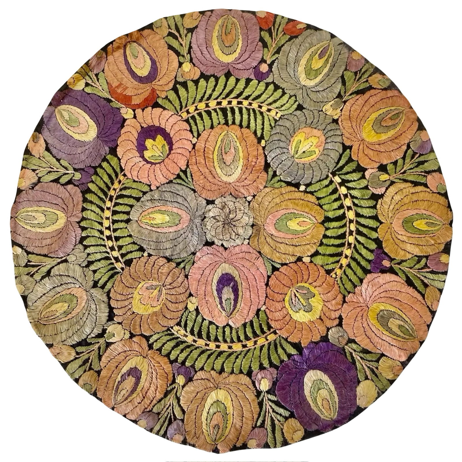 Hungarian Matyo Embroidered Doily: Hungarian Matyo folk art round doily, embroidered floral motifs on black textile base. Dimensions: 22.5H x 22.5W x 0.2D inches
