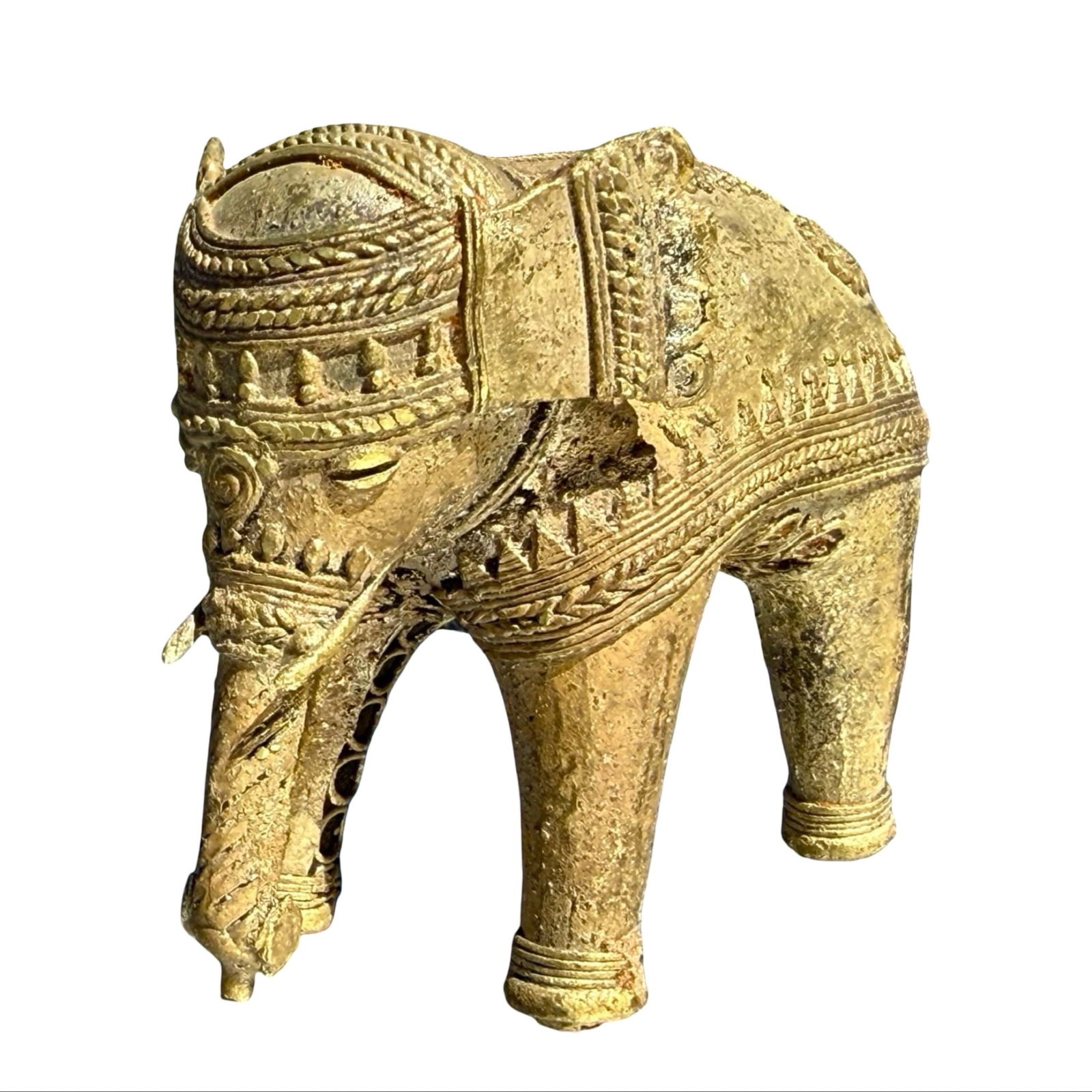 Indian Dhokra Elephant Figurine: Indian Dhokra brass elephant figurine, Dimensions: 3.5H x 5W x 2.5D inches