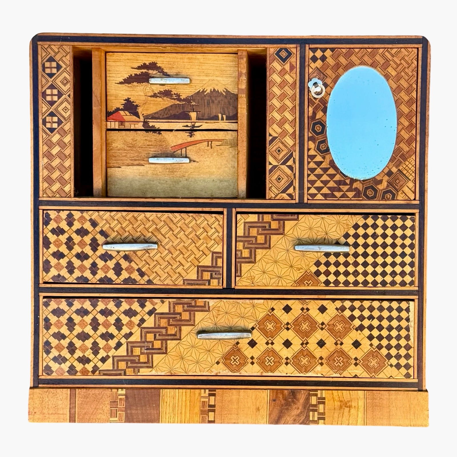 Japanese Yosegi Kodansu Cabinet: Japanese Yosegi zaiku kodansu cabinet featuring intricate marquetry and parquetry wood inlay from the Hakone region, likely Meiji era or early 20th century. Miniature storage chest with geometric patt