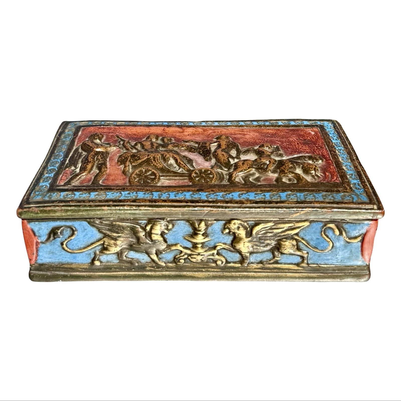 Art Deco Egyptian Box: Decorative bronze jewelry casket or trinket box with painted classical scene on lid and griffin motif sides, and wood base. Dimensions: 2H x 7.5W x 4.25D inches