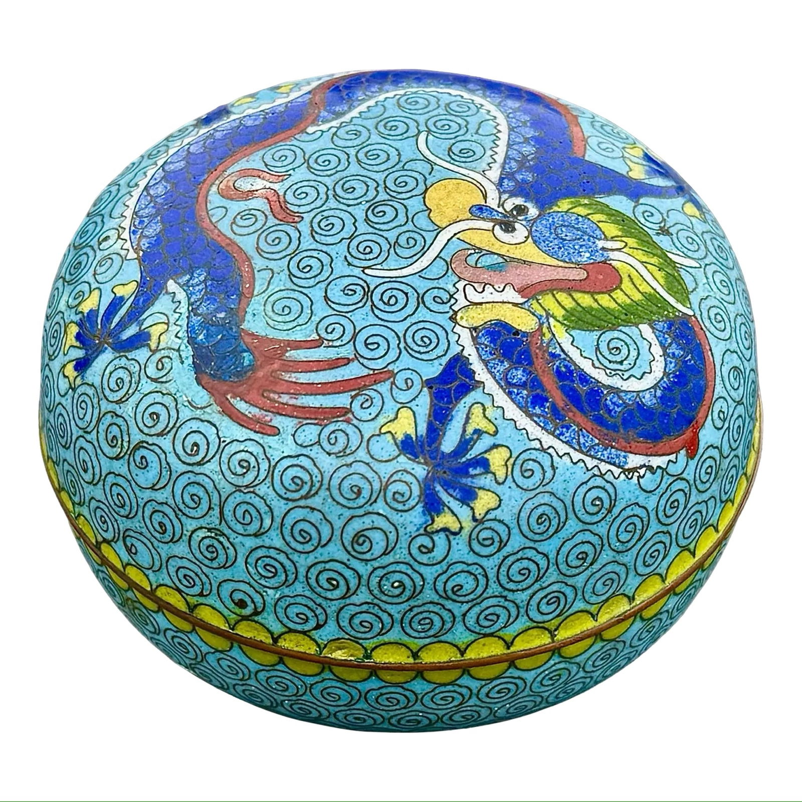 Cloisonné Five Claw Dragon Box: Chinese cloisonné enamel box featuring a five-clawed imperial dragon on a turquoise ground with cloud motifs. Enameled brass or copper decorative box with traditional Chinese symbolism. Dimensions: 2