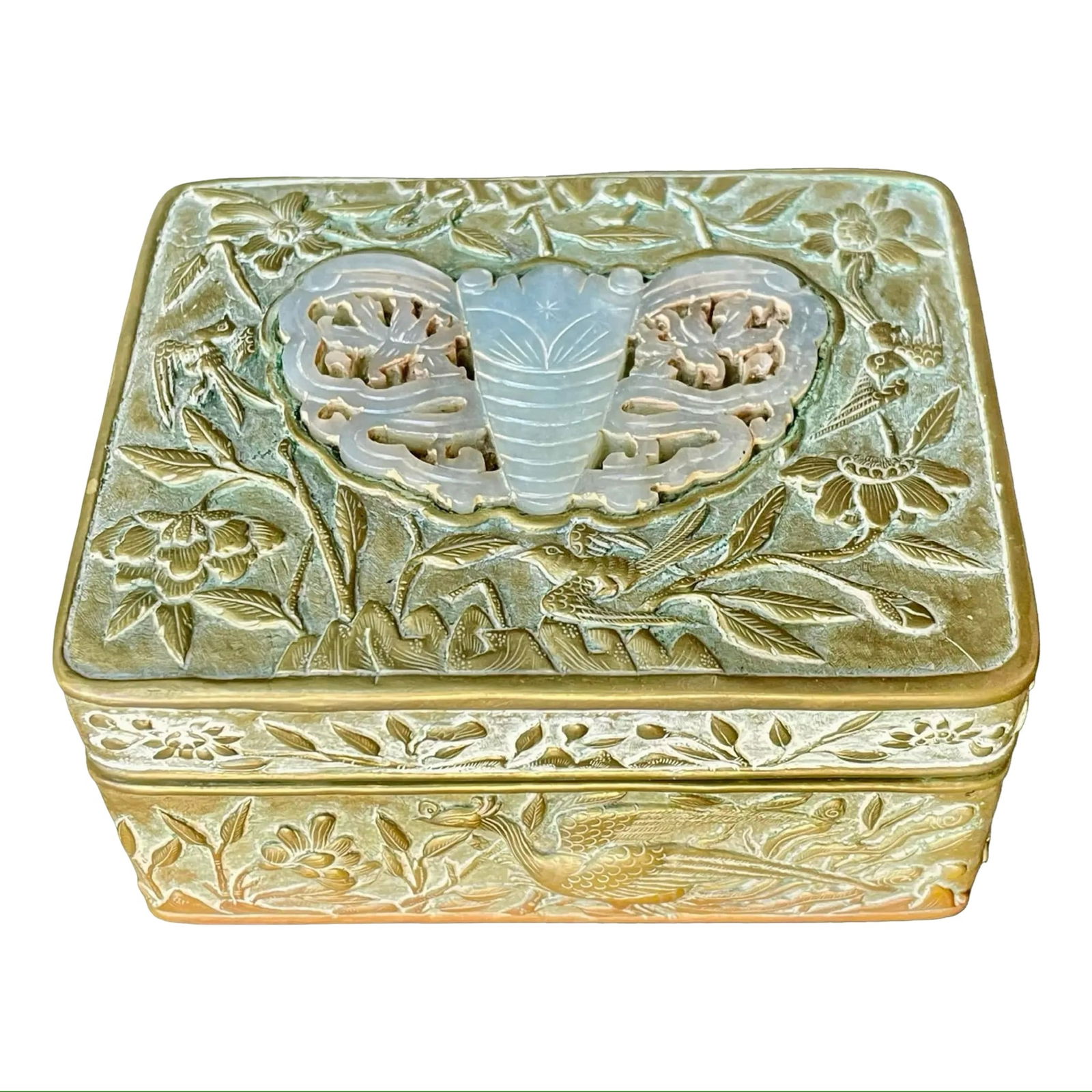 Chinese Incised Jade Brass Box: Antique Chinese decorative box made with incised brass and a carved jade inset on the lid. Dimensions: 2.5H x 3.5W x 4.5D inches