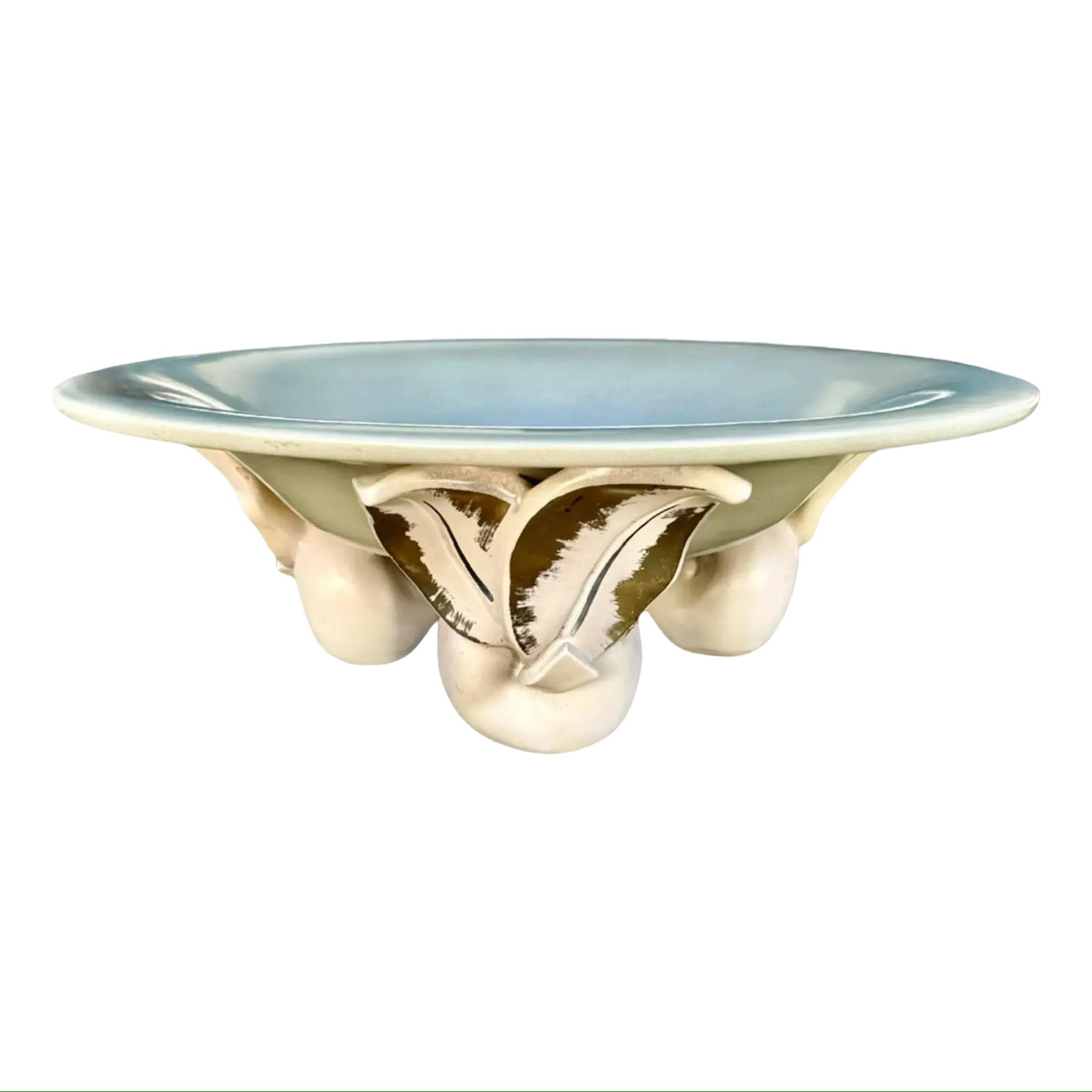 1940s C Merris Celadon Fruitbowl: Vintage 1940s Cole Merris bowl features a light blue to celadon glaze and is supported by three applied fruit-and-leaf forms that function as sculptural feet, finished in an off-white tone with