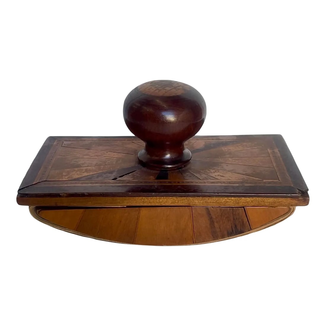 English Regency Ink Blotter: An antique English Regency wooden ink blotter featuring inlaid exotic wood and the original stamp pad. Dimensions: 4H x 7W x 4D inches
