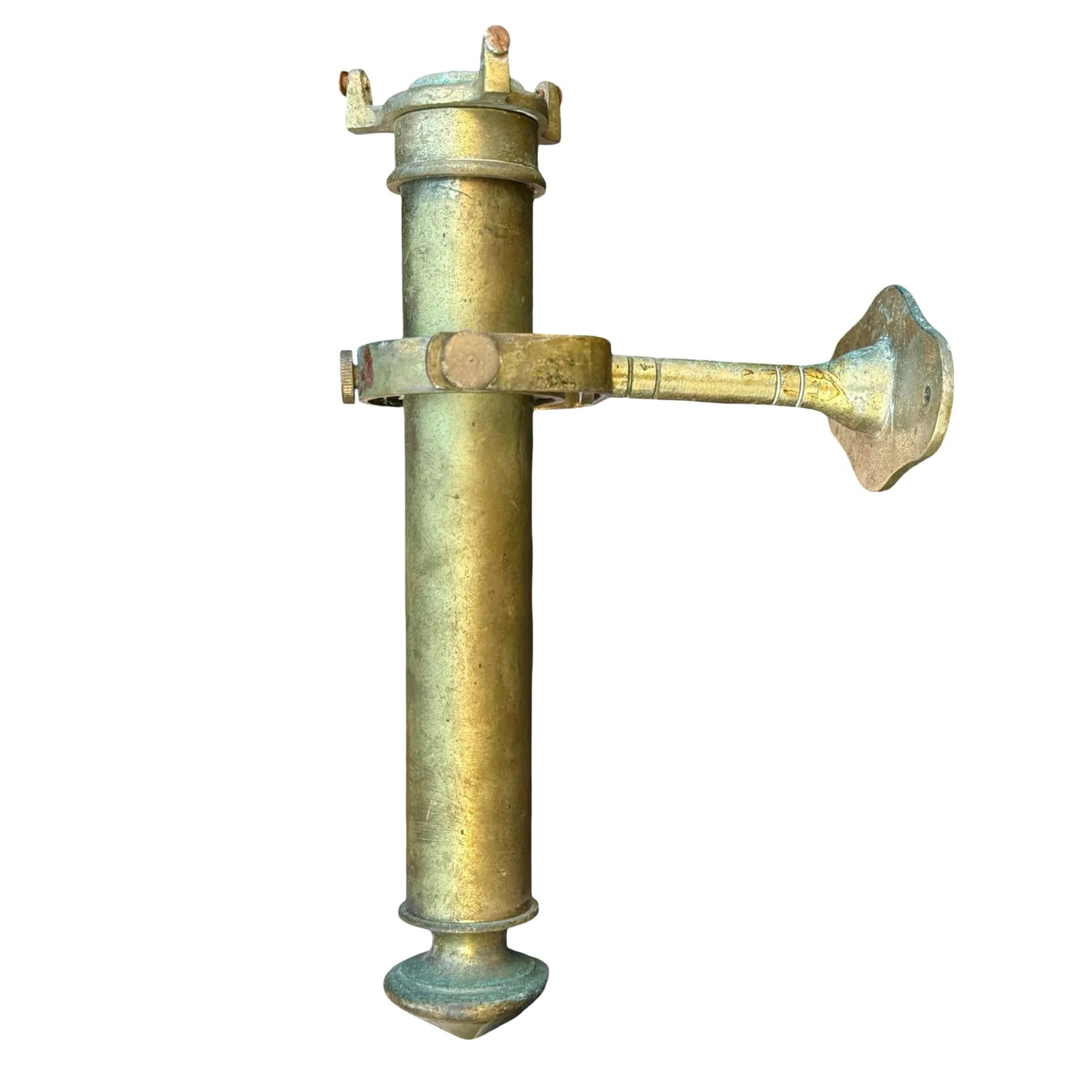 Ship Gimbaled Brass Candle Holder: Antique maritime nautical gimbaled ship candle holder with aged brass patina, wall mount, and pivoting ring designed to keep the candle upright at sea. Dimensions: 9.5H x 3.5W x 5.5D inches