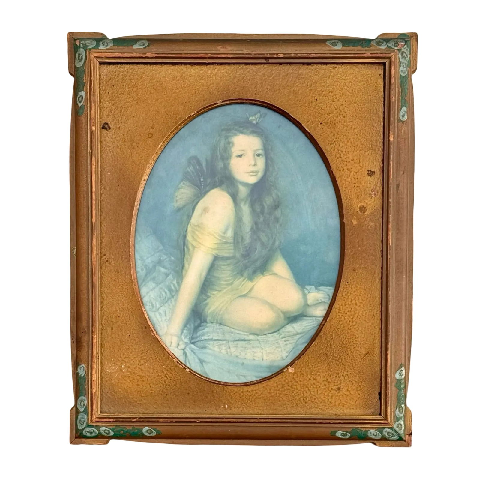 Psyche the Fairy Girl W Arts & Crafts Frame: Print after William Sergeant Kendall’s 1909 “Psyche,” depicting a winged girl, housed in original Arts & Crafts wood frame with oval opening and gilt detailing. Dimensions: 12.5H x 10W x