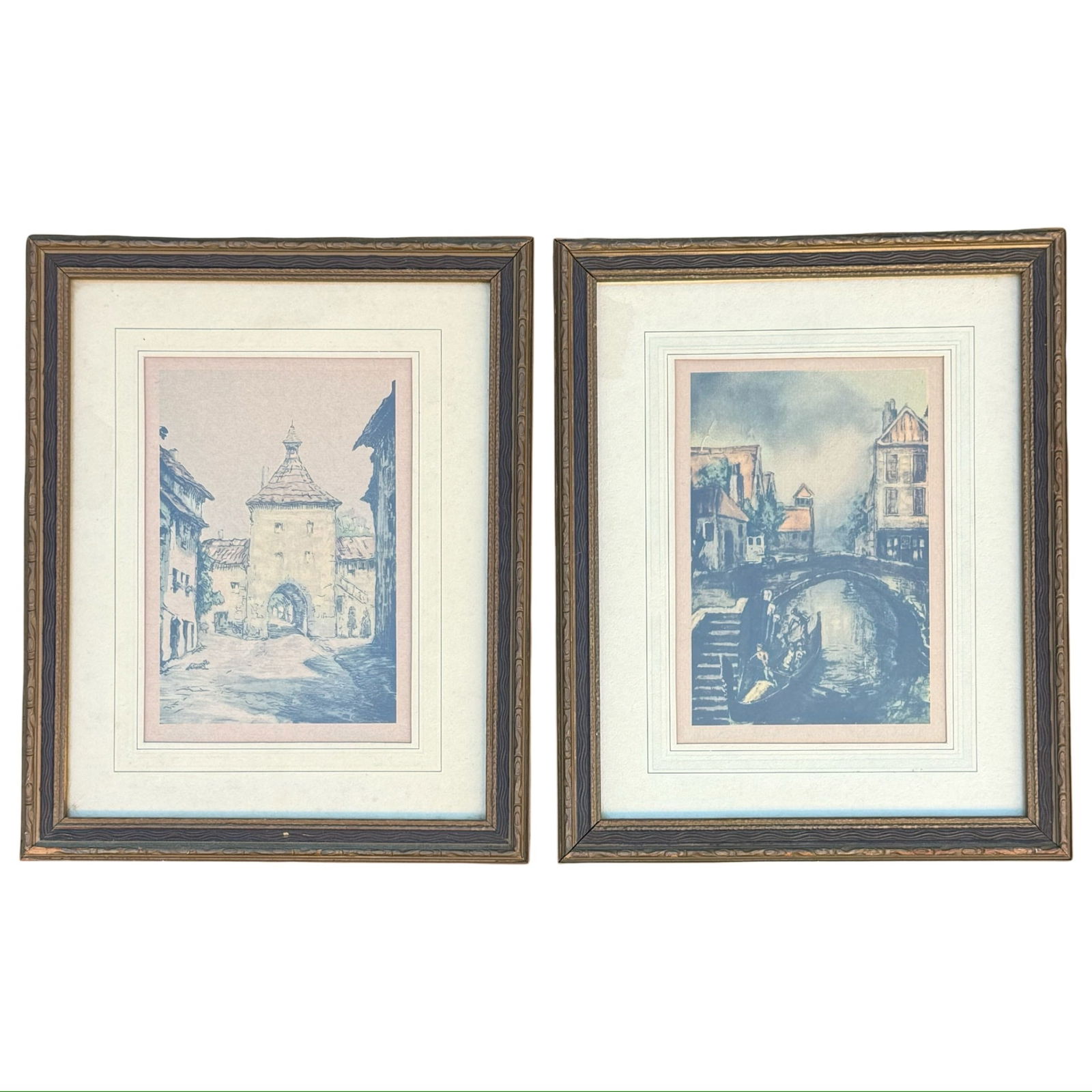 Dorval European Cityscape Lithographs: Pair of signed lithograph prints depicting European cityscapes including Venice canal and Edinburgh architecture attributed to Claude Dorval. Matted and framed. Dimensions: 10.75H x 8.75W x 0.5D