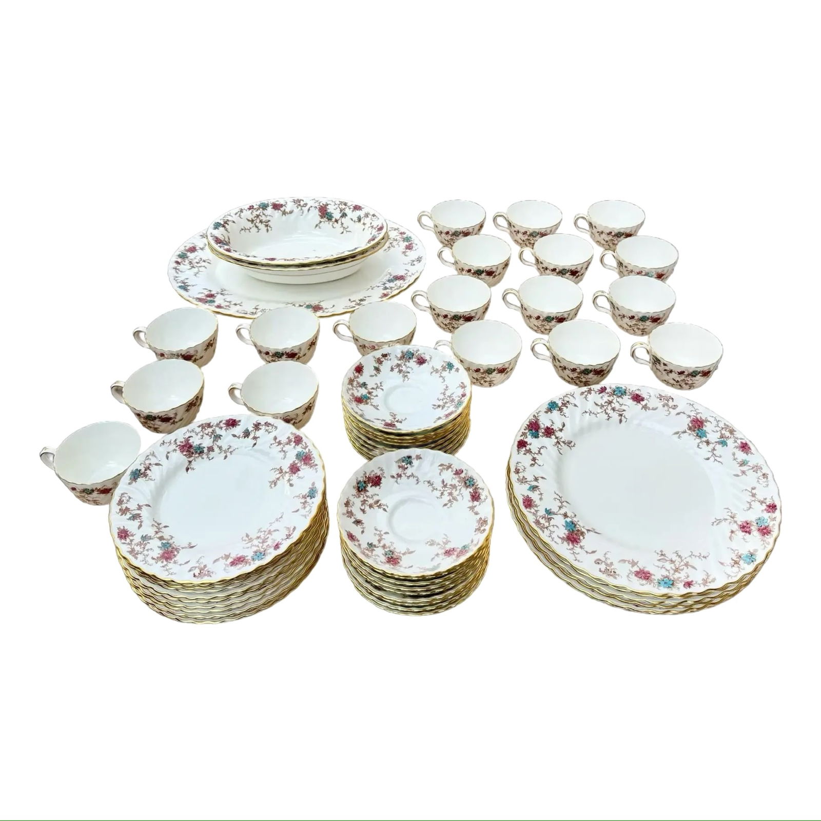 Minton Ancestral China, Set of 56: Minton Ancestral (S-376) bone china dinnerware and serverware, including teacups, saucers, plates, serving bowls and a platter. Features scalloped edges, floral design, and gold accents. Each is marke