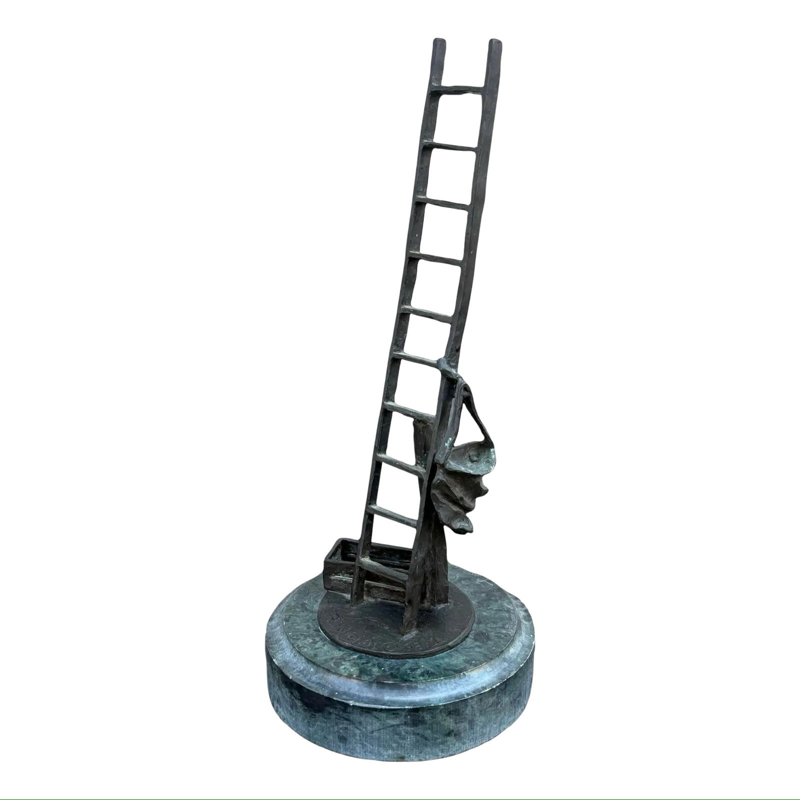R. Arenas Bronze Marble Ladder Sculpture: Vintage contemporary bronze ladder sculpture on a green marble base. Signed and dated, 1992. Dimensions: 11.5H x 5.5W x 5.5D inches