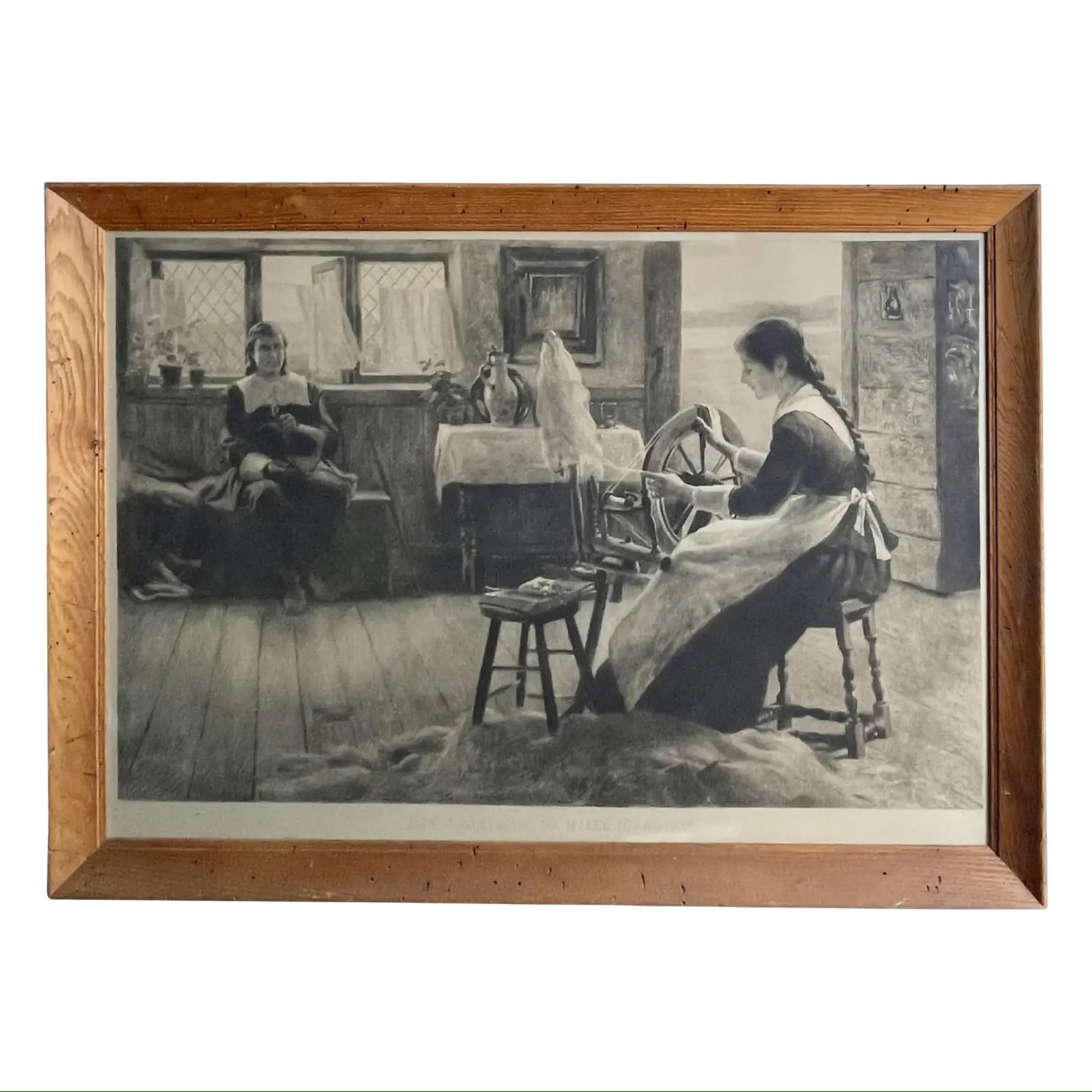 19C Fishel Adler / Standish Etching: Large antique etching by J.S. King after Charles Yardley Turner, “Courtship of Miles Standish,” published by Fishel Adler & Schwartz, in original carved wood frame. Dimensions: 26H x 36W x 1.7