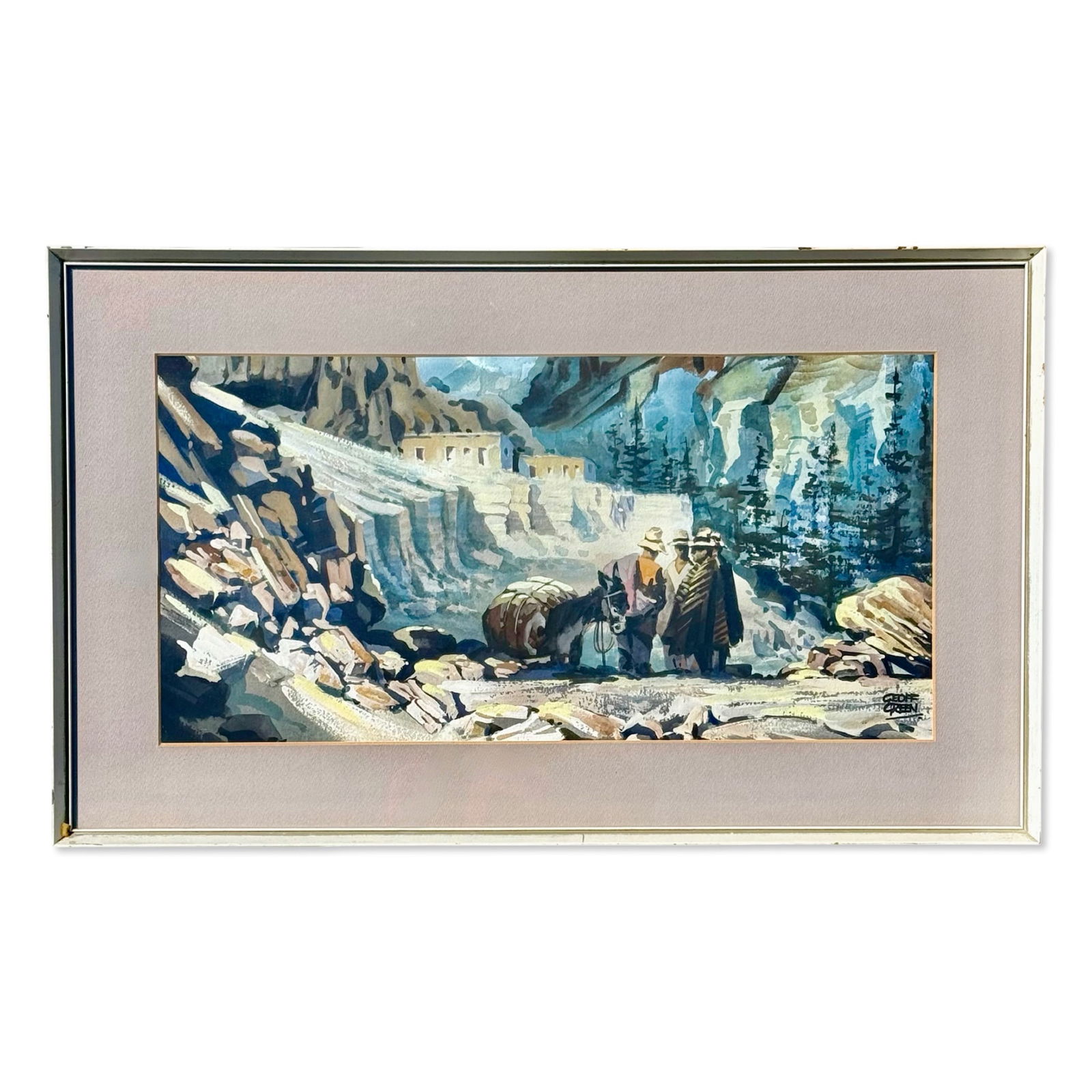 Watercolor Landscape w Donkeys: Watercolor painting of a canyon scene by Geoff Green. Signed, matted, and framed with the original framer's sticker. Dimensions: 16.75H x 27.75W x 1D inches