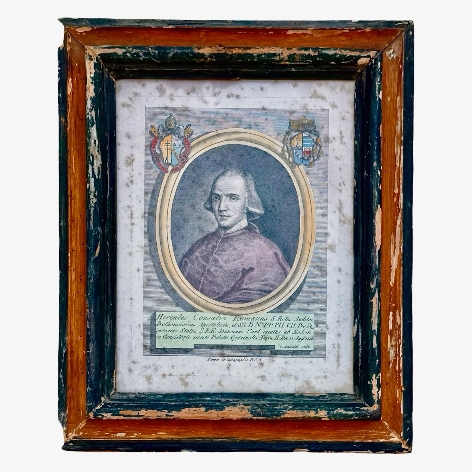 Antique Italian Cardinal Engraving: Italian ecclesiastical engraving portrait of Cardinal Ercole Consalvi with heraldic vignette border and Latin inscriptions, in carved wood frame. Dimensions: 14.5H x 11.5W x 1D inches