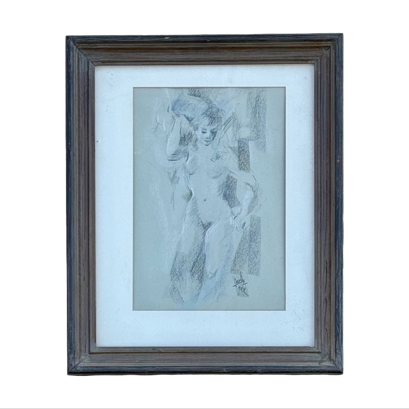 Nude Female Figure Drawing Portrait: Vintage female nude figurative life study drawing on paper attributed to Carole Orr, signed lower right. Matted and framed with artist information card on verso. Dimensions: 21H x 17W x 1D inches