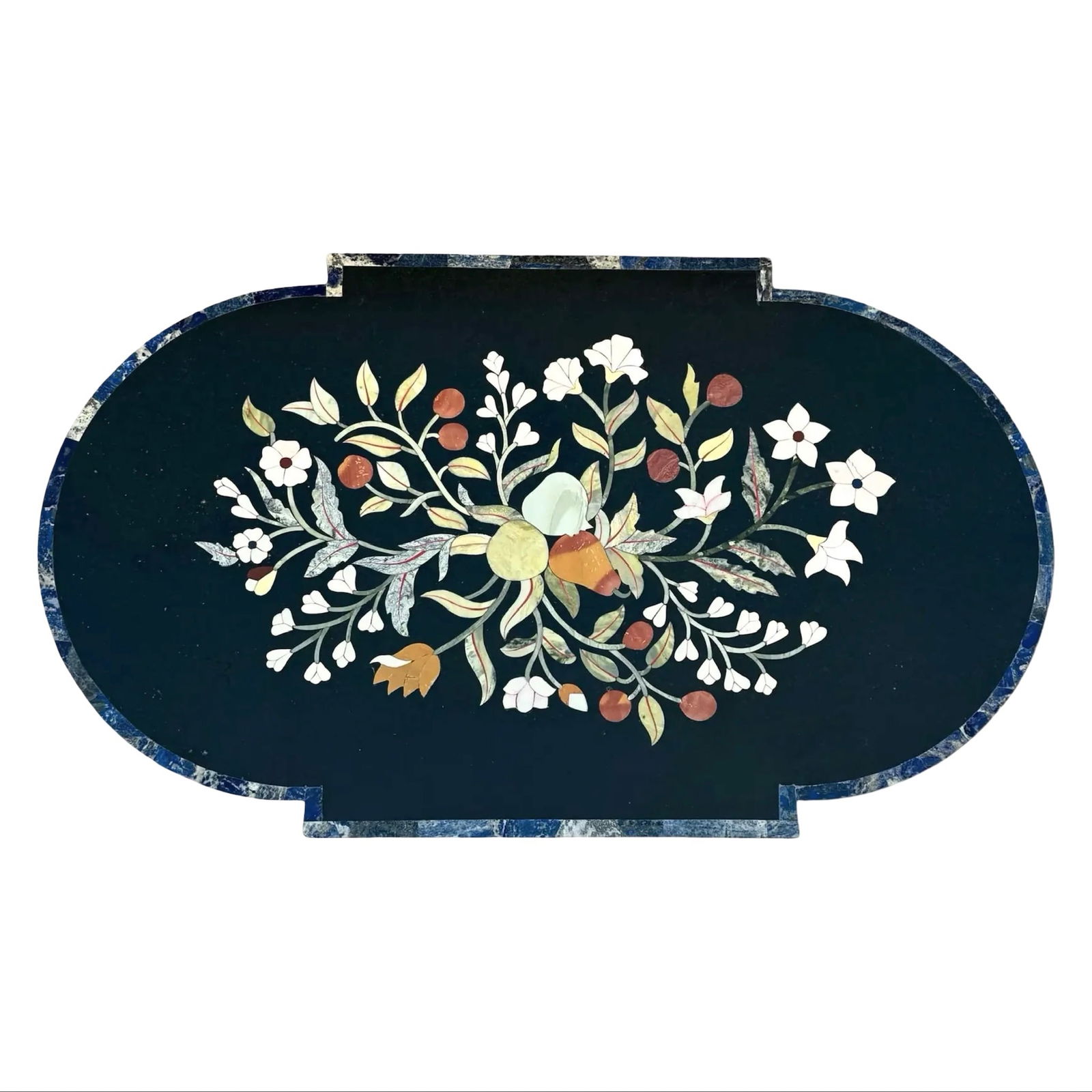 Italian Pietra Dura Marble Tabletop: Vintage Italian Pietra Dura table-top with floral design made by inlaying semi-precious stones into a black marble base. Legs not included. Dimensions: 1H x 37W x 23D inches