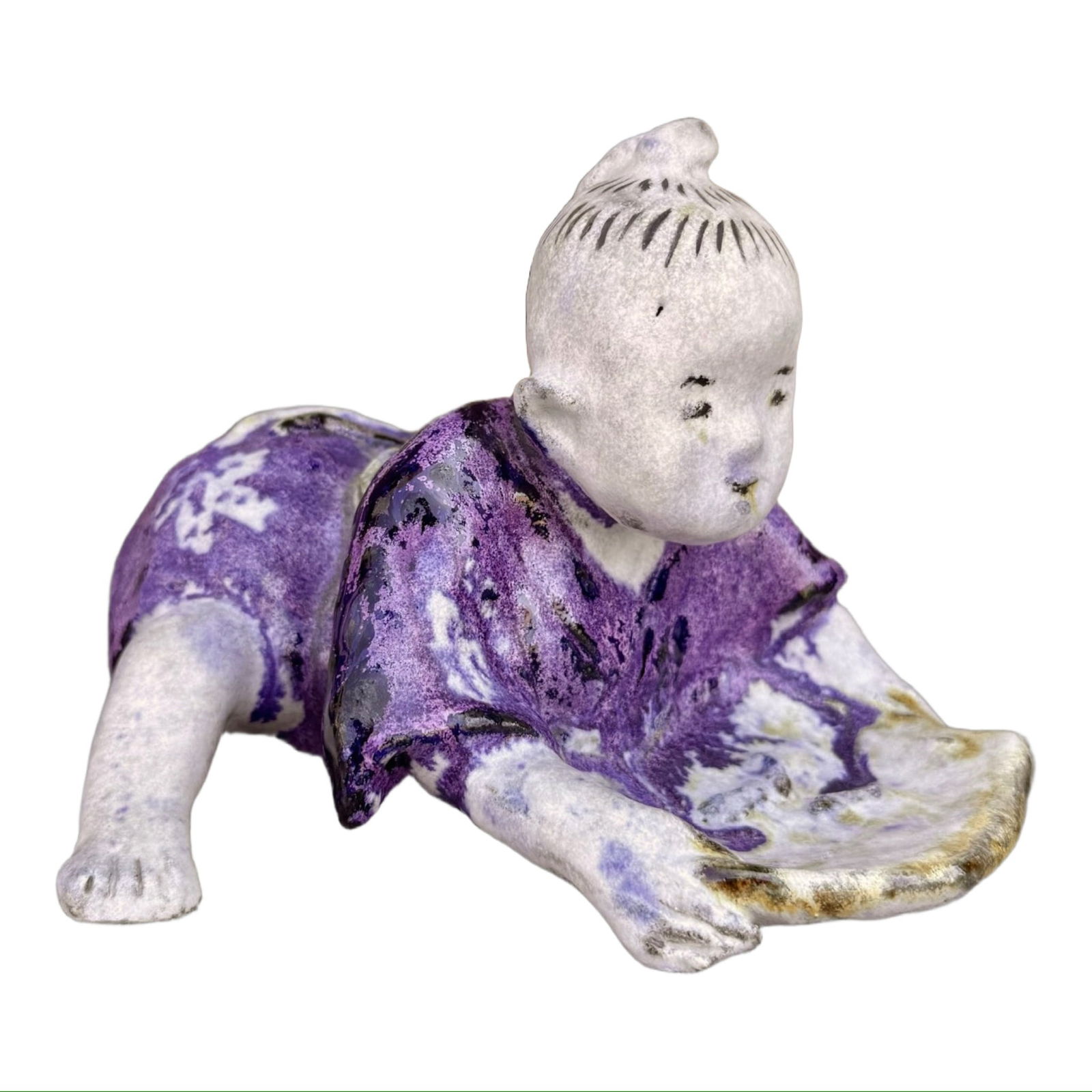 Chinese Terracotta Baby Figure: Glazed terra cotta figure with smooth finish and naturalistic form depicting a crawling child, in the style of piano baby or Asian decorative figures. Dimensions: 5.5H x 6.5W x 8.5D inches