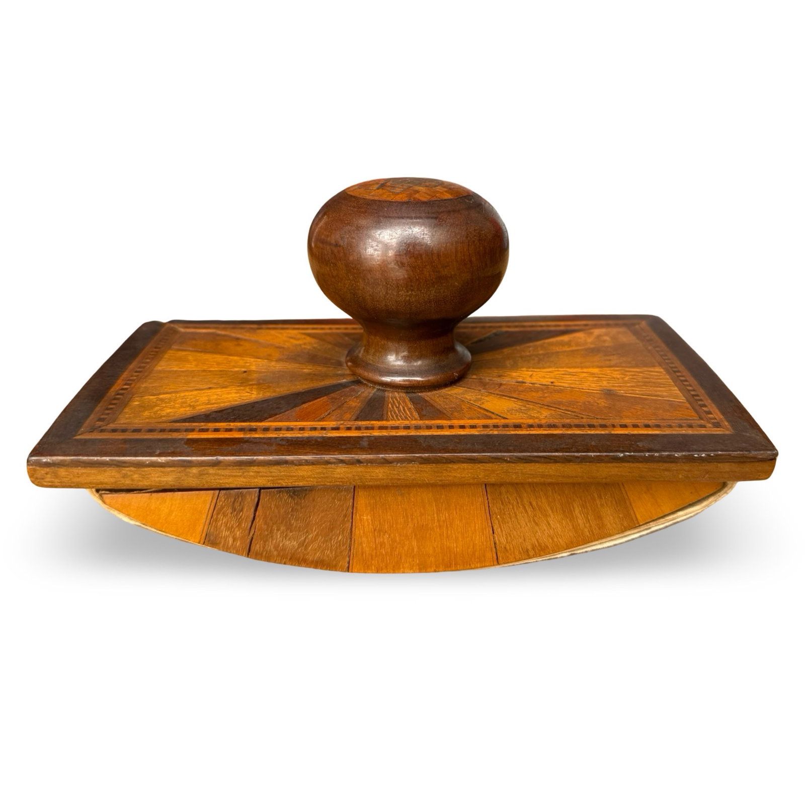 English Regency Inlaid Ink Blotter: An antique English Regency wooden ink blotter featuring inlaid exotic wood and the original stamp pad. Approx Dimensions: 4H x 7W x 4D inches