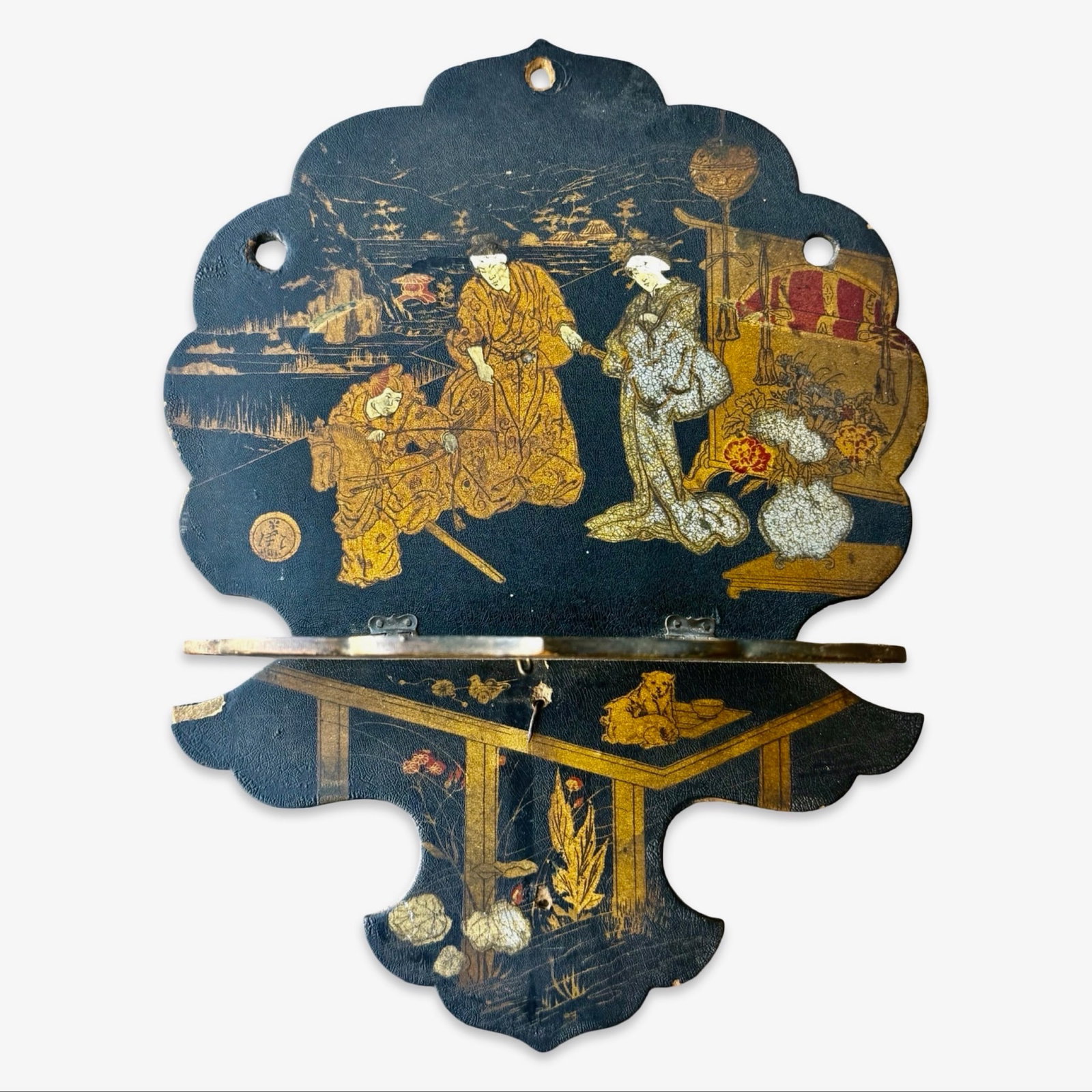 Chinoiserie Lacquer Folding Shelf: Japanese lacquered Chinoiserie folding wall shelf. Approx. DImensions: 11H x 8W x 4.75D inches