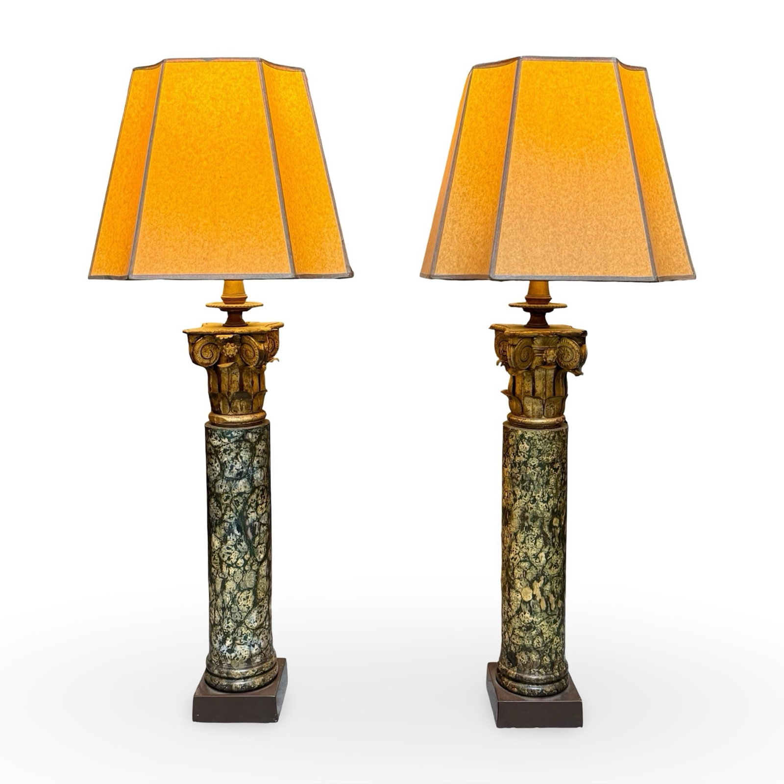Corinthian Faux Marble Lamps Pair: Pair of neoclassical-style table lamps with faux-marble Corinthian column bases. Empire/Louis XVI design with acanthus capitals. Shades inclued. Approx. Dimensions: 36H x 4.75W x 4.75D inches Each lam