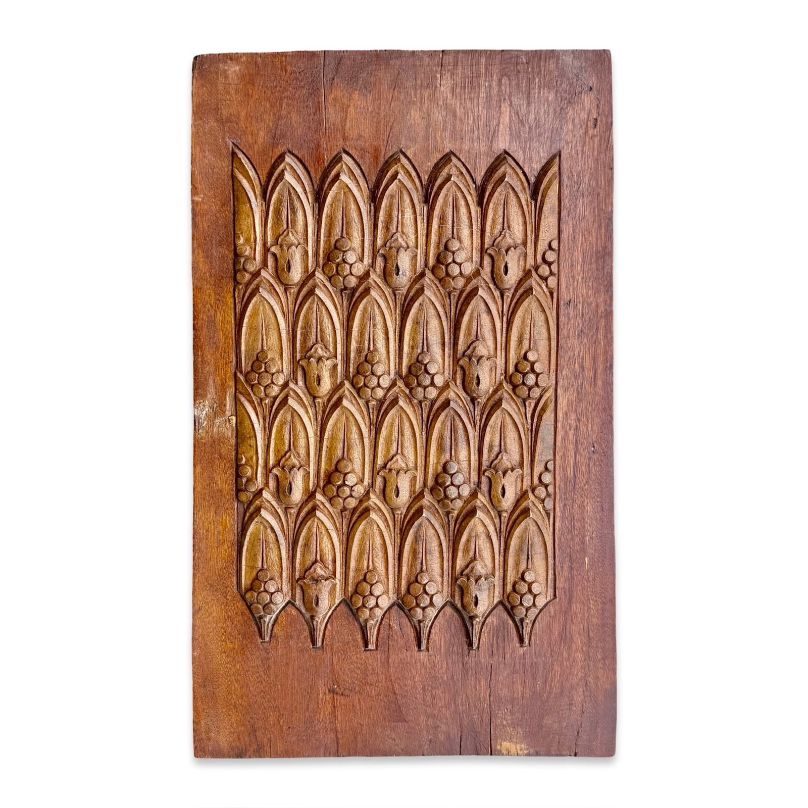 Arts & Crafts Carved Wood Panel: Antique Gothic carved wood panel with floral motifs. Likely an architectural fragment, furniture element, or mold, turned wall art. Approx. Dimensions: 17.75H x 10.5W x 1D inches