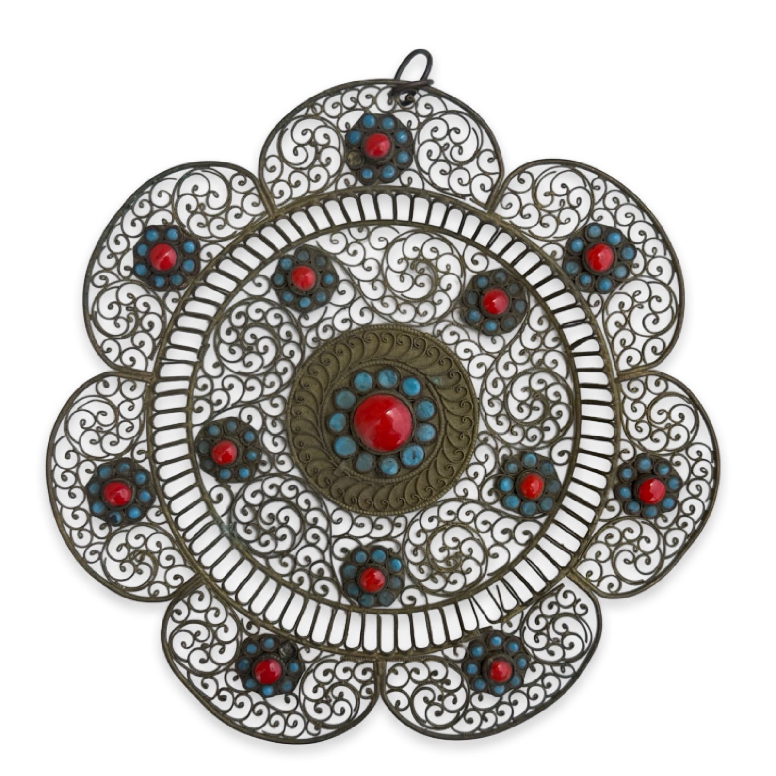 Filigree Lace Dish Wall Plate: Filigree floral metal dish with intricate lace-like wirework and stone accents. Approx. Dimensions: 7.25H x 7.25W x .75D inches