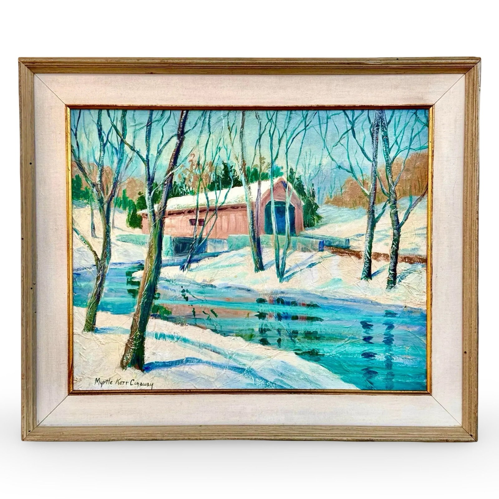 M. Conaway Impressionist Painting: Pennsylvania impressionist landscape painting by Myrtle Conaway titled Bartram Bridge. Signe dand framed with info written on the back. Approx. Dimensions: 21H x 25W x 1.5D inches