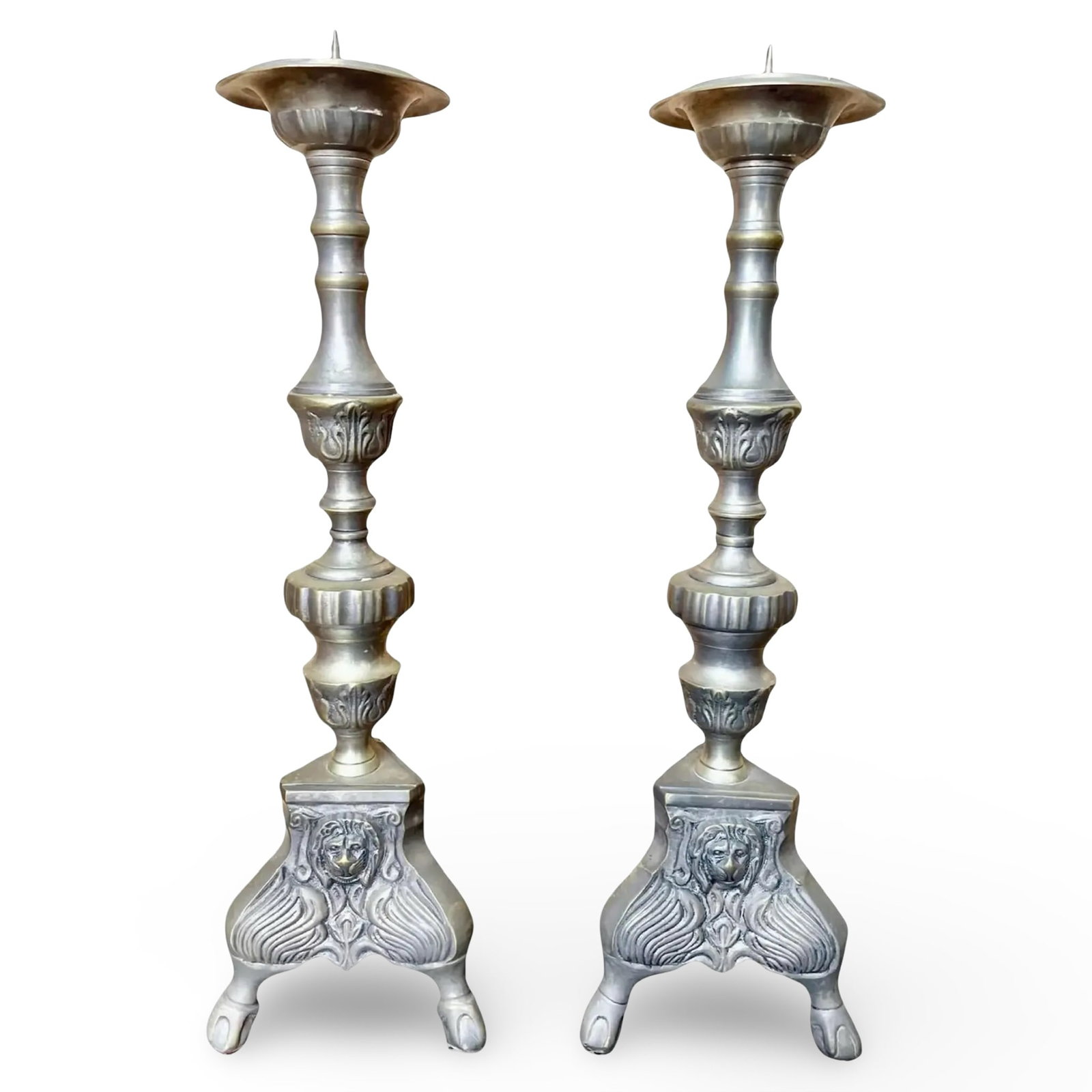 Italian Gothic Lion Altar Prickets: Italian gothic revival altar prickets pair with lion-head bases and knopped stems. Approx. Dimensions: 16H x 5.5W x 5.5D inches