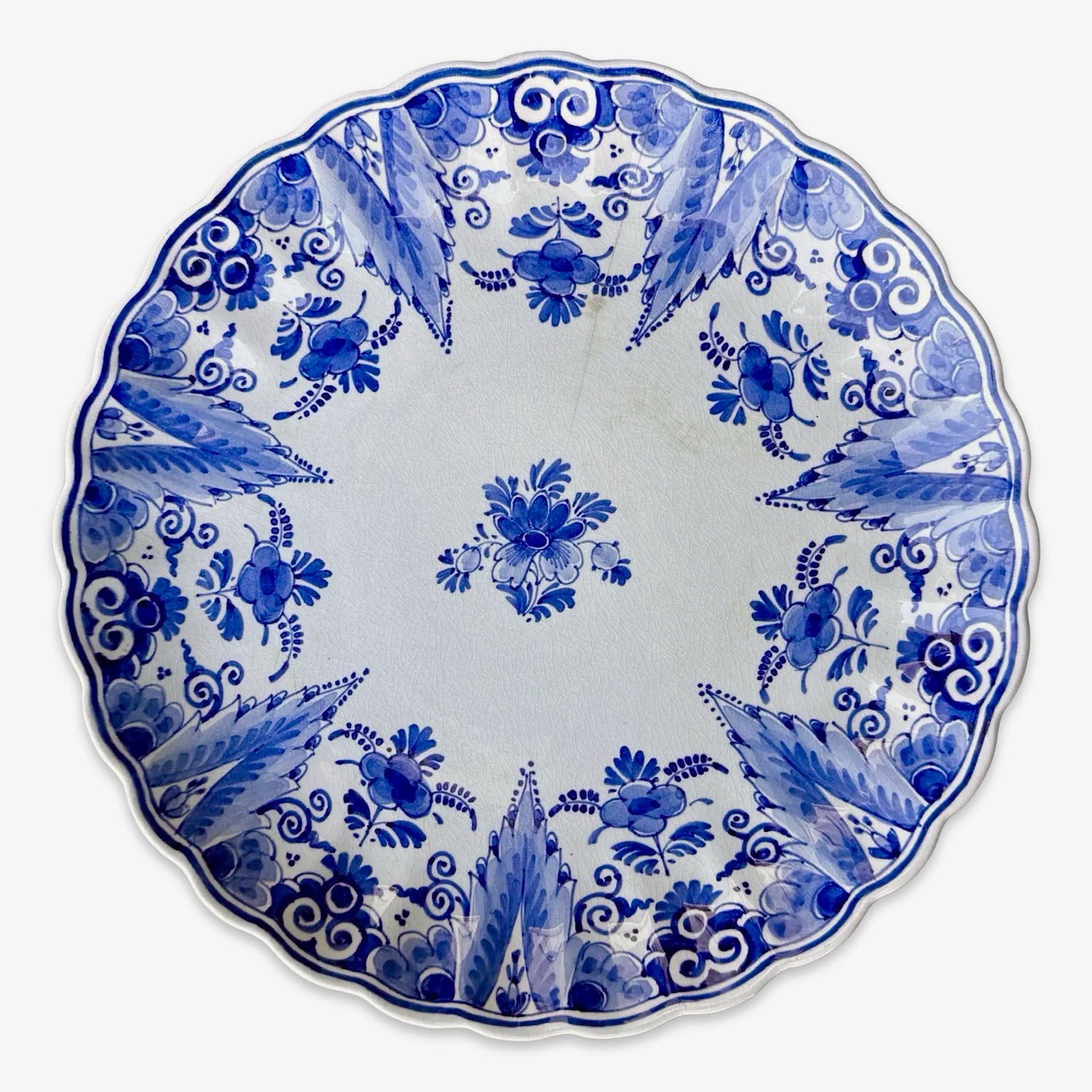 Royal Delft Blue Lobed Wall Plate: Large Dutch Royal Delft blue and white lobed wall plate. Marked on back. Approx. Dimensions: 1.5H x 12W x 12D inches